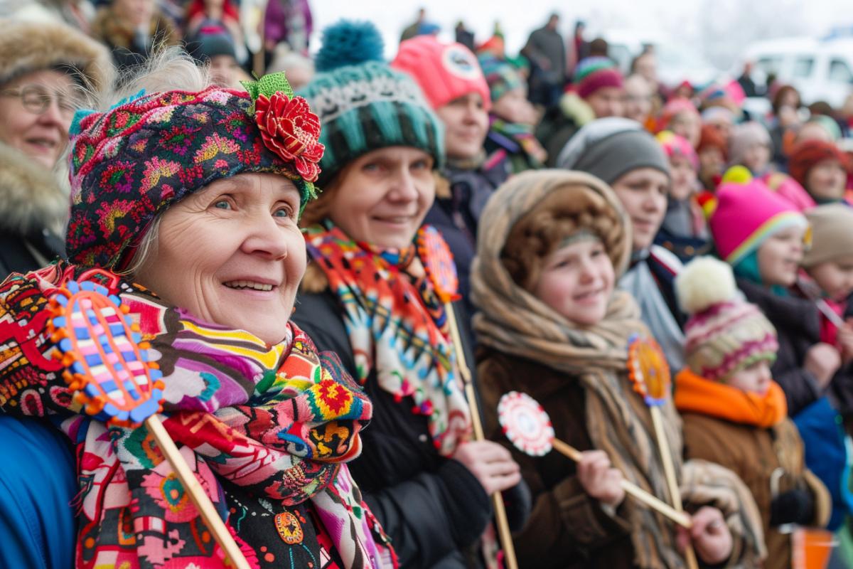 Russian folk fair festivities unfolding on the square on Maslenitsa day. Large crowds of people, many elegant women in Russian folk slovees and colorful scarves, are selling a variety of products: painted spoons, nesting dolls, clay whistles, and folk treats: pancakes, gingerbread. In the foreground of the frame are smiling children holding lollipoprocketerels in their hands, enjoying shopping and the festive atmosphere. Bright colors and lots of details, a sense of richness and movement, a spirit of fun and welcoming spring, rich colors and a dynamic frame.