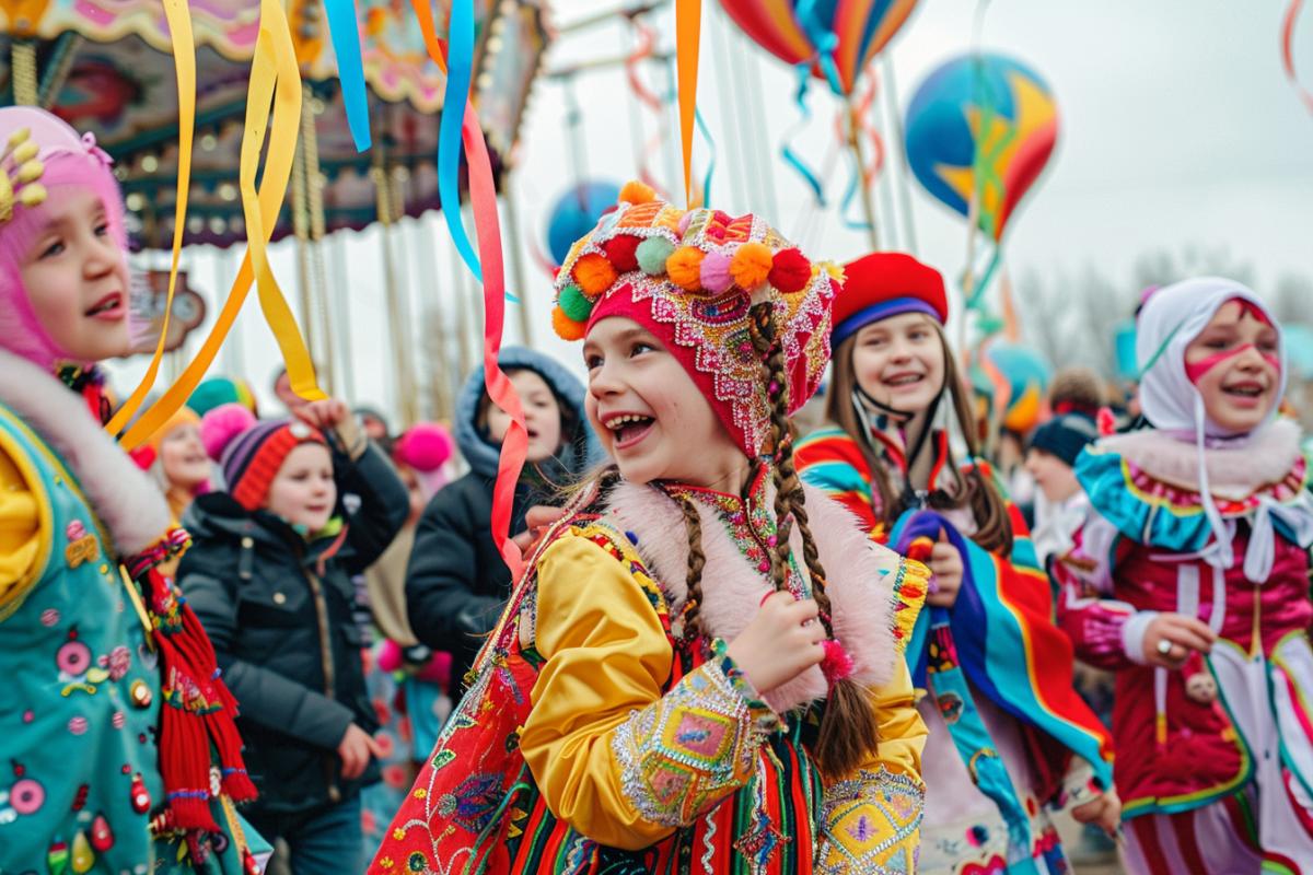 The photo shows a crowd of people dressed in colorful traditional costumes, laughing and rejoicing, against a backdrop of merry-go-rounds and rides, surrounded by colorful ribbons and balloons, the aroma of fresh pancakes and the noise of merry festivities, where children and 35 years olds participate in games, dance in round dances and compete in Maslenitsa fun.