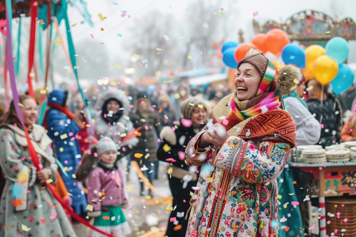 The photo shows a crowd of people dressed in colorful traditional costumes, laughing and rejoicing, against a backdrop of merry-go-rounds and rides, surrounded by colorful ribbons and balloons, the aroma of fresh pancakes and the noise of merry festivities, where children and 35 years olds participate in games, dance in round dances and compete in Maslenitsa fun. On the street there are tables covered with white tablecloths, on which there are samovars, painted dishes, and stacks of pancakes, next to young women in Russian folk slovees, treating everyone to tea and pancakes.