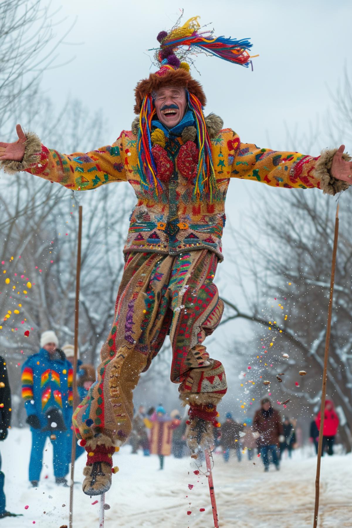 Russian Maslenitsa, very fun, mummered grandfathers on stilts dancing, pancakes and dances