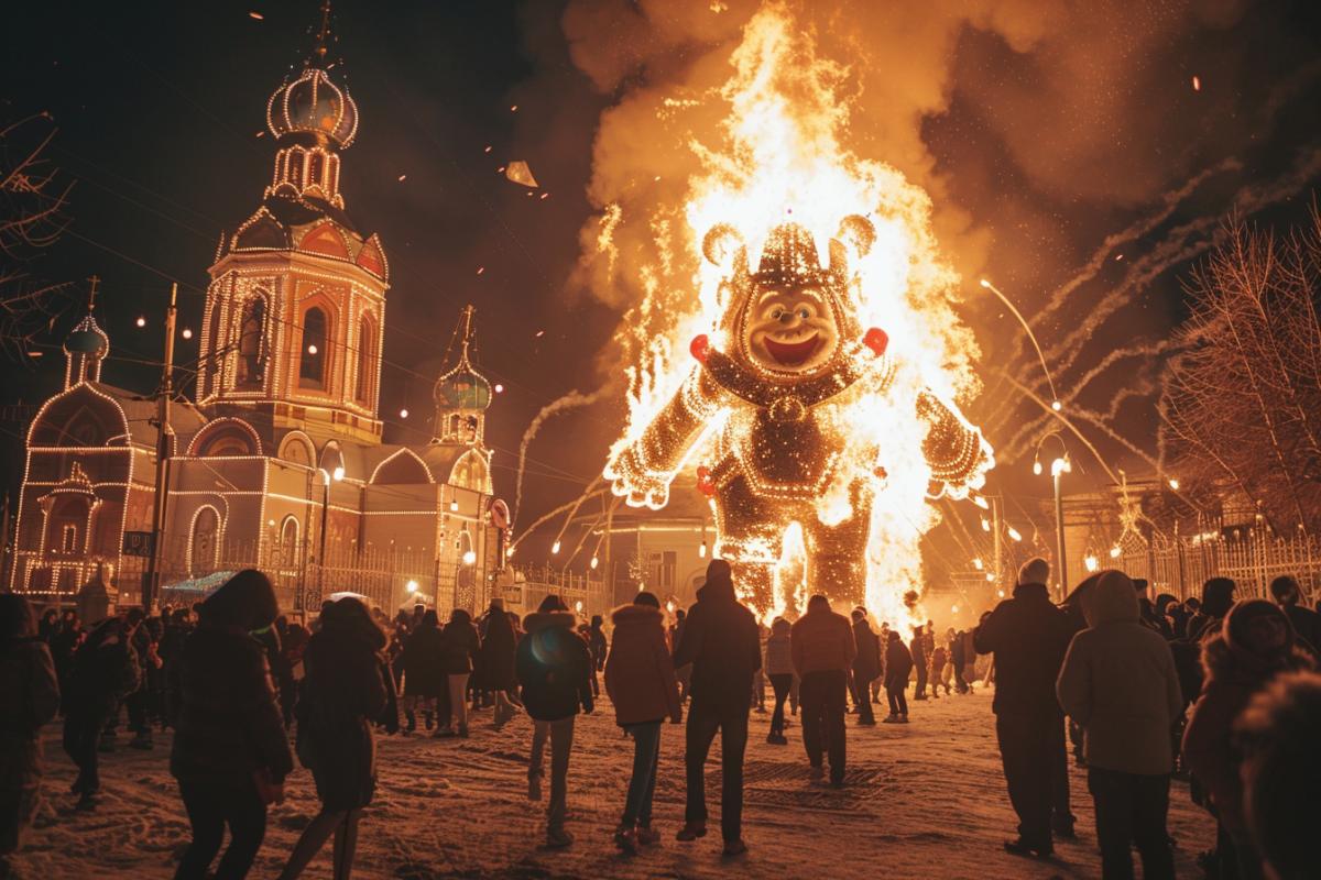 Russian Maslenitsa, very fun, a huge Teletubby is burning against the backdrop of Russian churches, the crowd is dancing