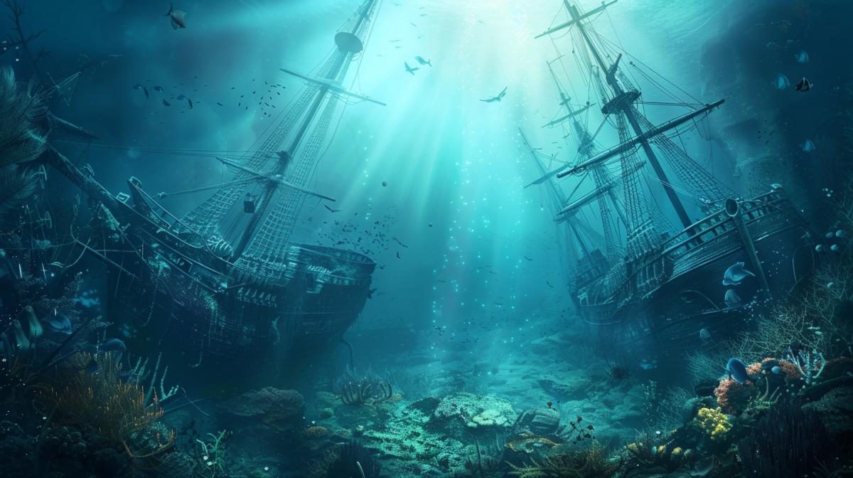 Underwater ocean world with sunken ships