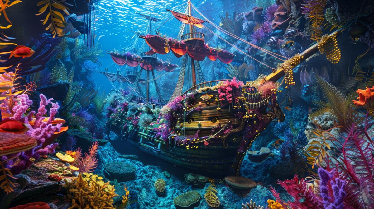 A colorful sunken pirate ship with gold and jewelry at the side. Underwater plants and corals on the sides