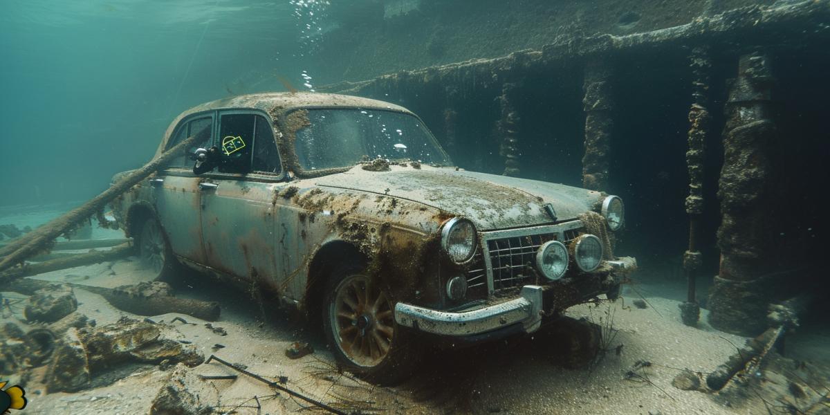 Diver driving a Soviet car, underwater, photo
