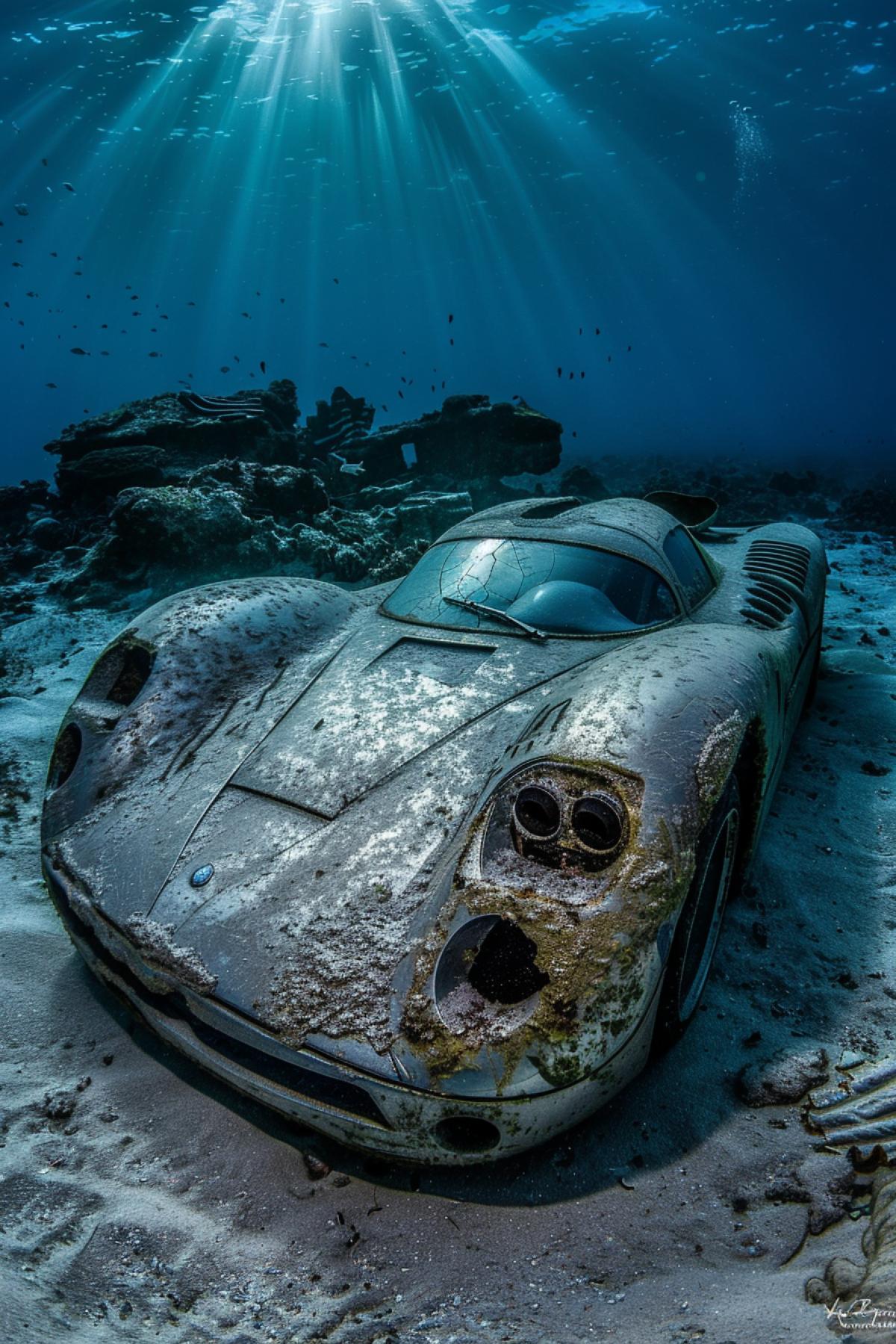 Detailed image of a crashed supercar lying at the bottom of the sea. The supercar, once sleek and advanced, is now damaged and partially buried under sediment from the ocean floor. It has a modern design with obvious signs of damage such as broken parts, dents and scorch marks. The seabed around the supercar is a landscape of sand, rocks and scattered debris from the crash. Marine life, including fish and coral, began to inhabit and surround the wreckage, creating an eerie but spectacular underwater scene. The lighting is dim and filtered, beams of light filtering through the water, highlighting parts of the supercar and the underwater environment.