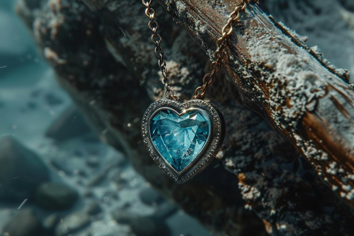 Sunken pendant the heart of the ocean from the movie Titanic, on the bottom of the ocean there is a heart made of blue gemstone on a chain, near the sunken liner