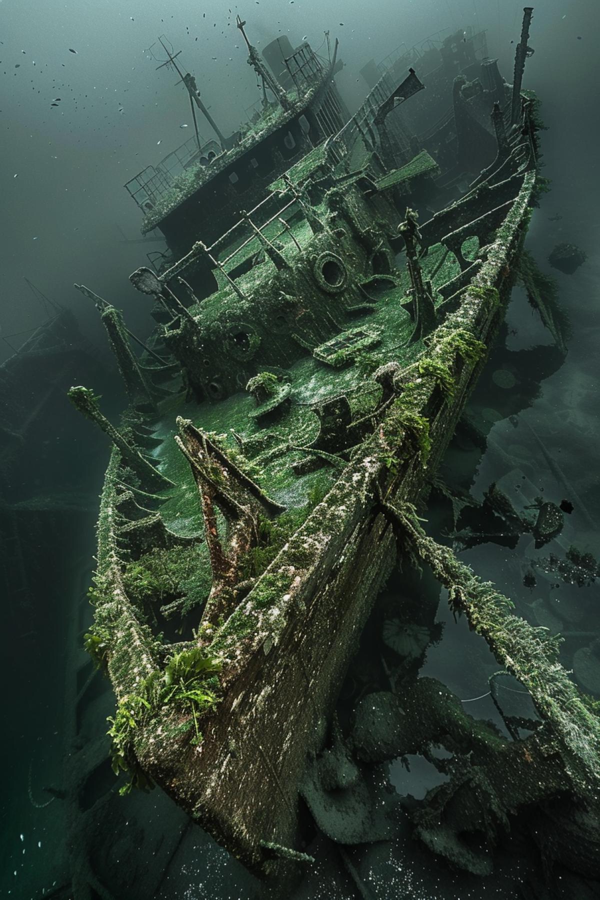 This photograph shows an ancient shipwreck covered in seaweed and inhabited by a variety of sea creatures. Rust and covering algae create the impression of a mystical aura around the sunken ships. Slowly floating shadows in the dark water space add mystery and intrigue to the photograph. Pieces of ship structures immersed in the depths of the sea seem to be forgotten artifacts of distant times. This photograph immerses viewers in a fascinating exploration of the history hidden beneath the sea.