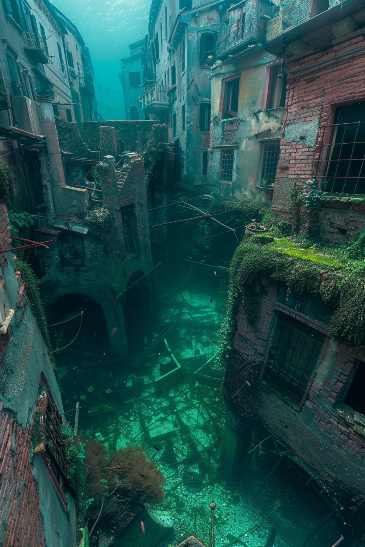 The photograph presents a breathtaking view of an underwater city, immersed in secrets and mysteries. Ruined buildings and algae-covered streets give the impression of a place lost in time. Broken glass windows and pieces of furniture are reminders of past activity and life in this underwater world. Strange figures and objects floating among the ruins add mystery and inexplicability to the scene. The photograph is intended to inspire viewers to think about lost civilizations and their stories hidden in the depths of the ocean.