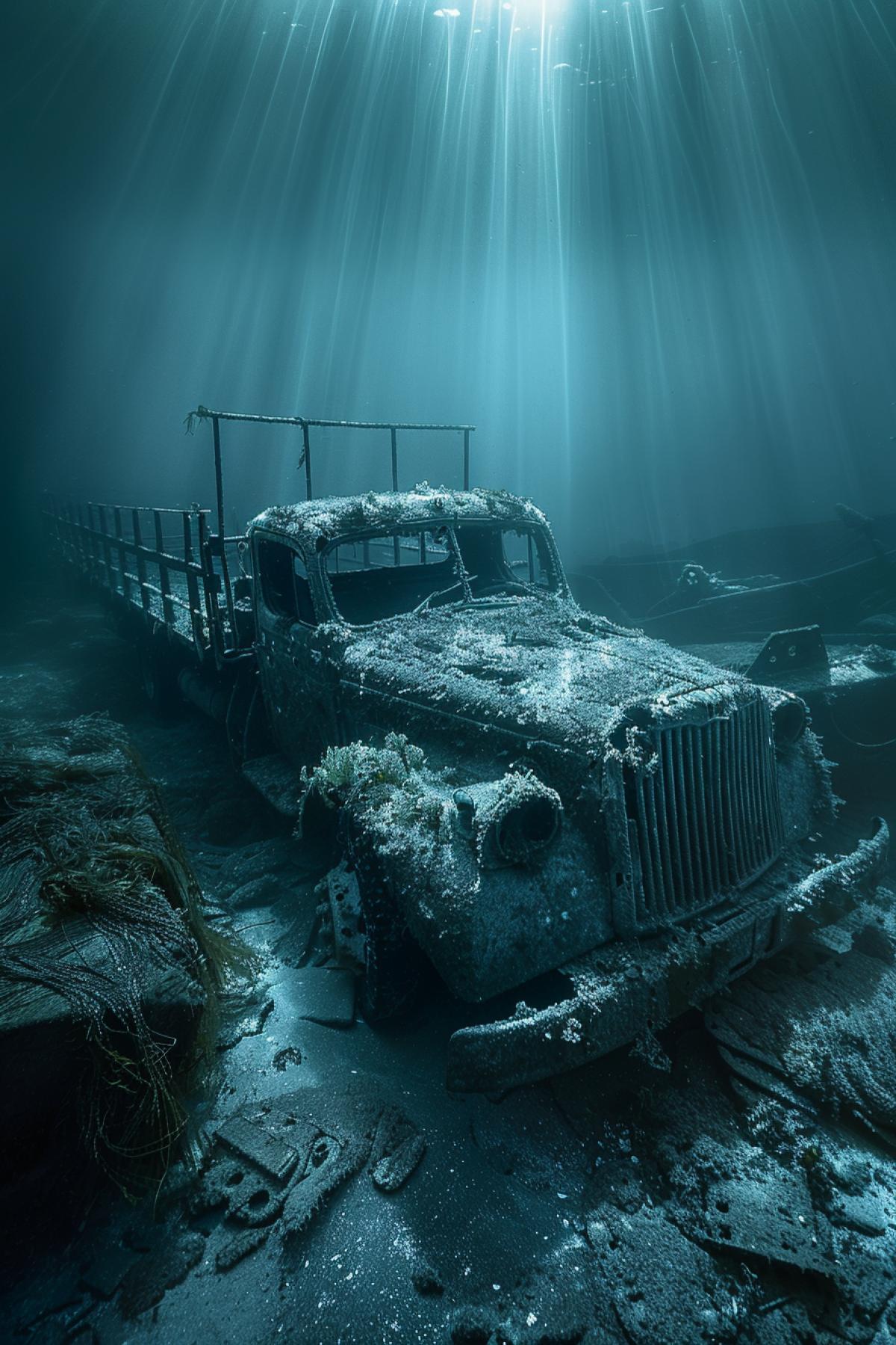 This photograph shows a sunken truck buried in the depths of the ocean, covered in seaweed and inhabited by sea creatures. The wreckage of cargo scattered around is a reminder of lost history and voyages that ended in failure. Steel structures covered with marine growth give the impression of forgotten artifacts. Ghostly rays of light penetrating through the water add mystery and mystery to the scene. This photograph is designed to captivate viewers into exploring the underwater world and reveal its secrets to them.