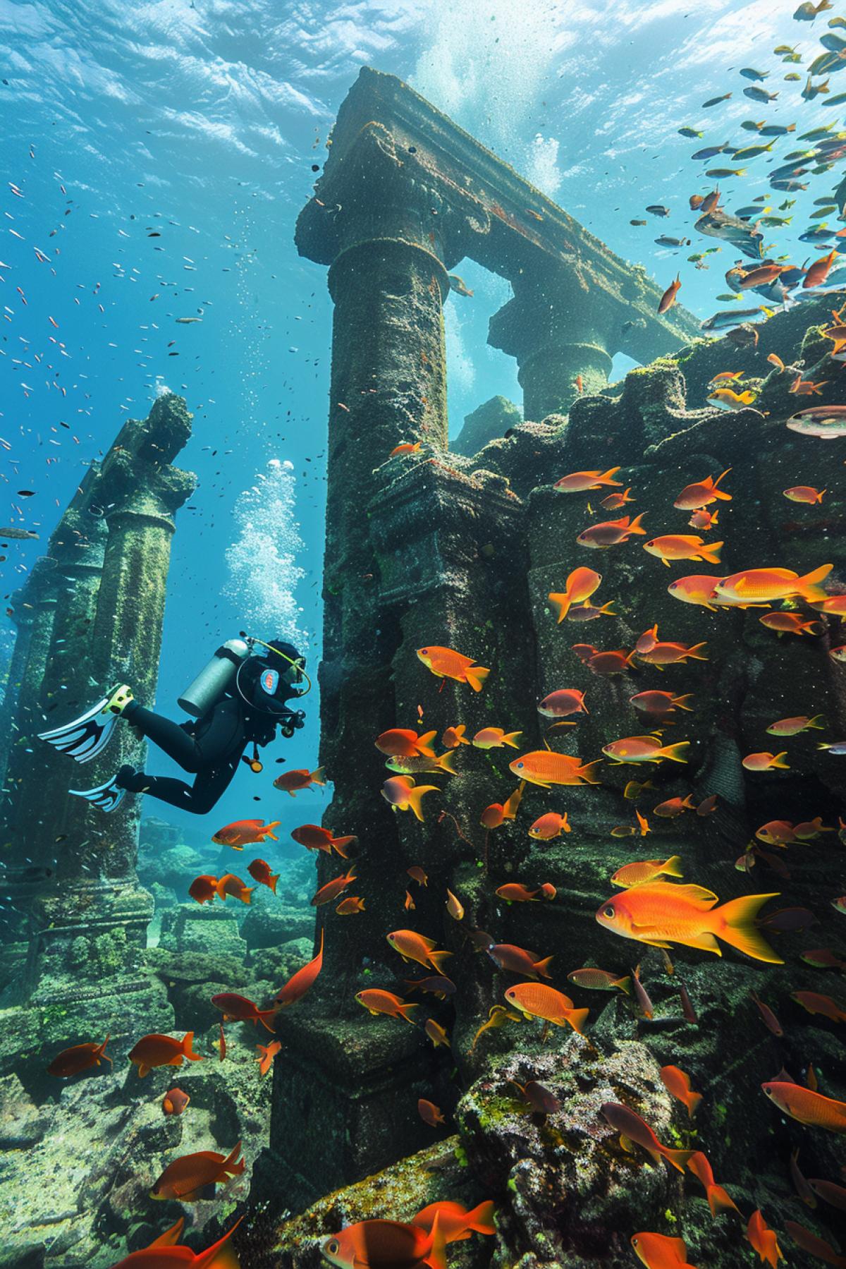 Sunken Atlantis, columns in algae, schools of beautiful tropical fish, a girl scuba diver