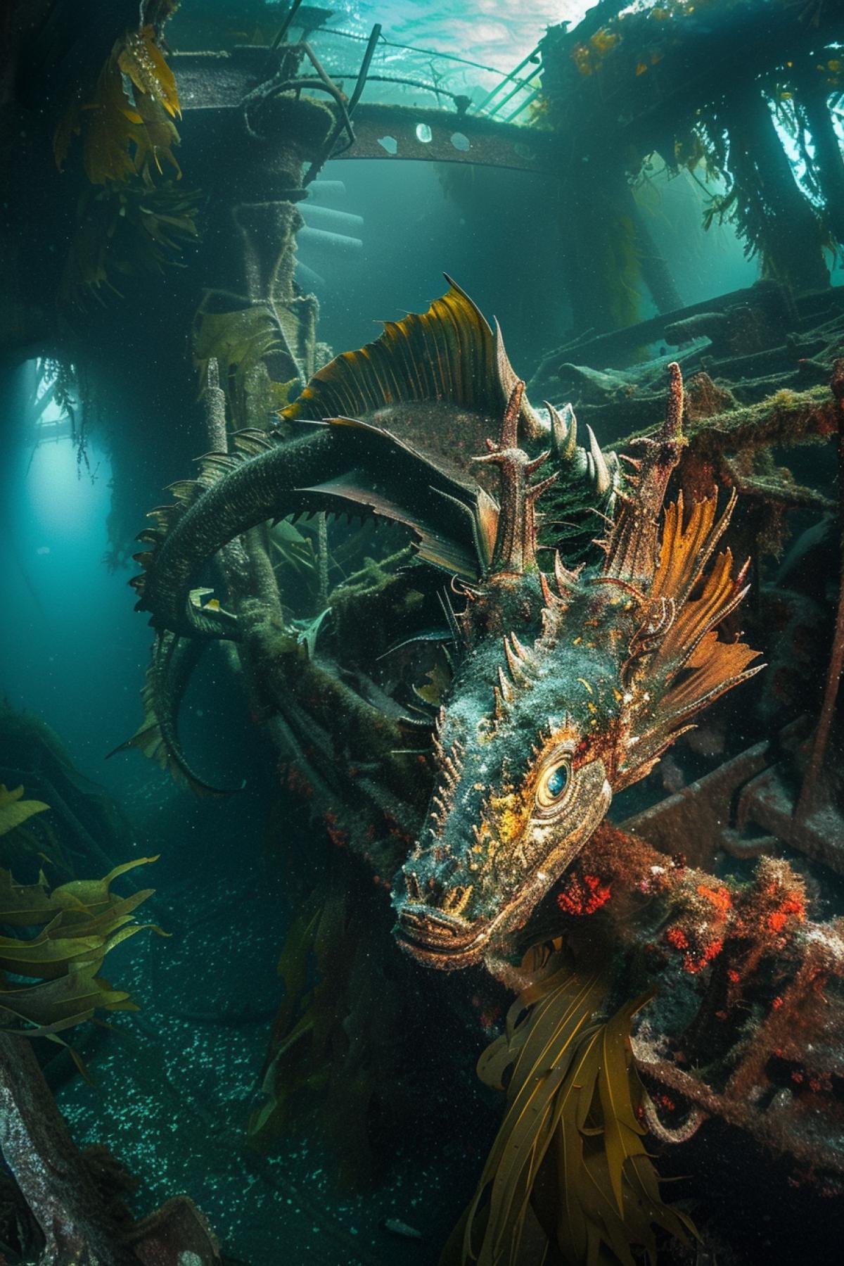 This photograph shows the wreck of a shipwreck transformed into a home for creatures beyond the normal sea life. The viewers eyes are attracted by the majestic appearance of the dragon living among the ruins and floating plants. Half-submerged treasures and the remains of travelers create an atmosphere of adventure and danger. The light penetrating through the thick algae emphasizes the grandeur and mystery of this underwater camp. The photograph takes viewers into the world of fantasy creatures and their adventures in the depths of the ocean.