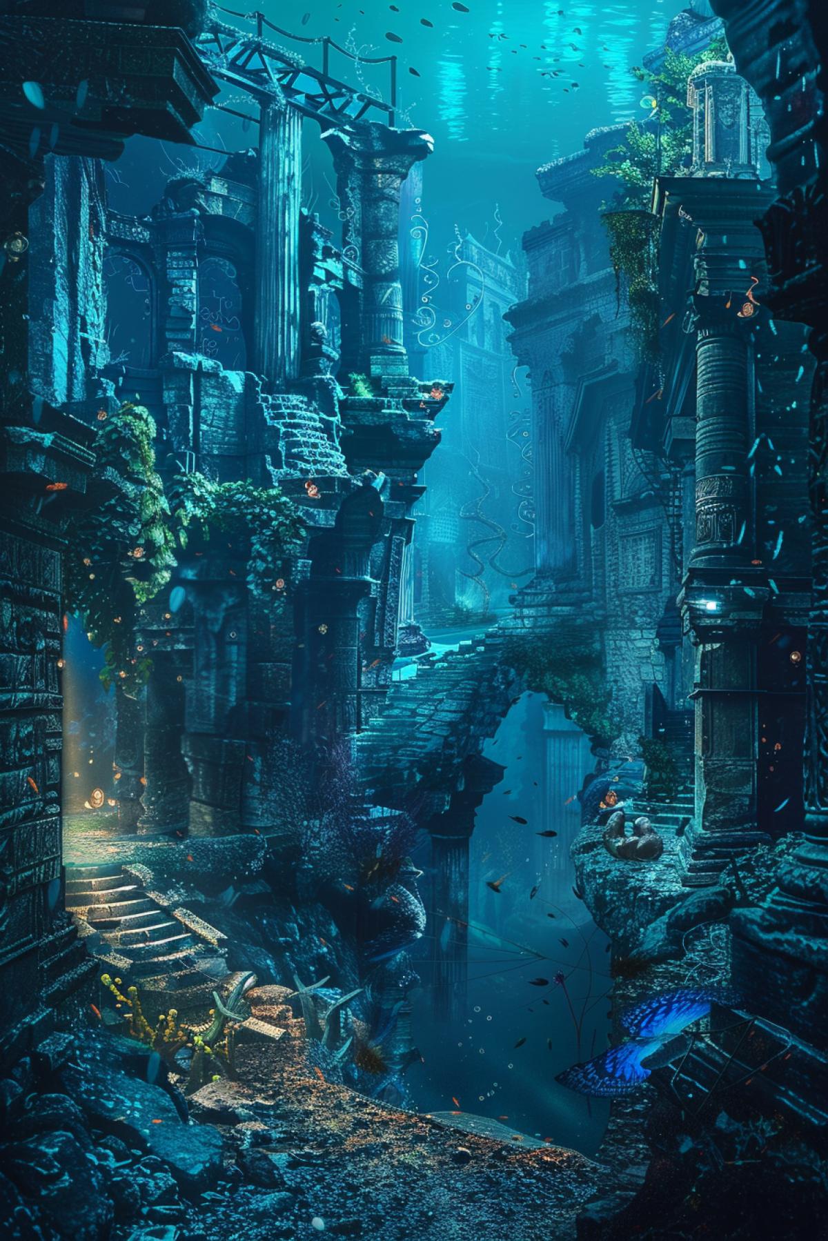 This photograph captures the imagination of viewers and immerses them in the world of an underwater city, lost in time and space. As if taken from a fairy tale, the ruins of ancient buildings and streets, decorated with plants and precious stones, create an atmosphere of magic and mystery. mystical figures floating among the ruins add fantasy and mystery to this scene. Deep shades of blue and green reflect the magic and enchantment of the underwater world, where ancient gods or other supernatural entities can be encountered at any moment.