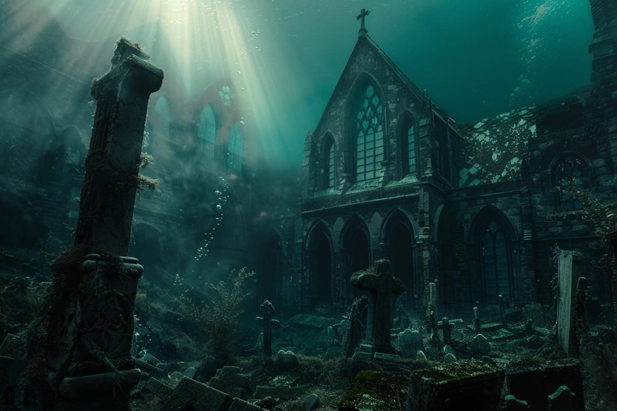 Sunken cemetery with a church, underwater world, Gothic, atmospheric, photorealism, dramatic, mystical light