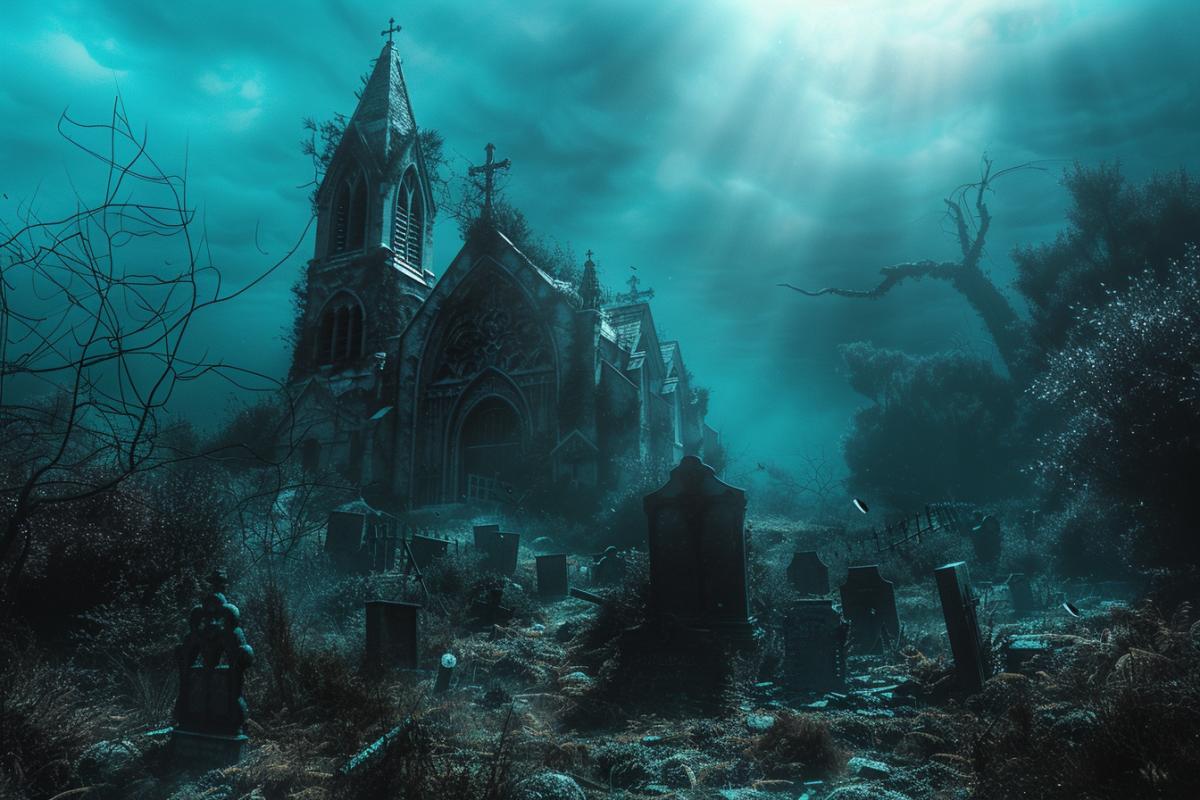 Sunken cemetery with a church, underwater world, Gothic, atmospheric, photorealism, dramatic, mystical light