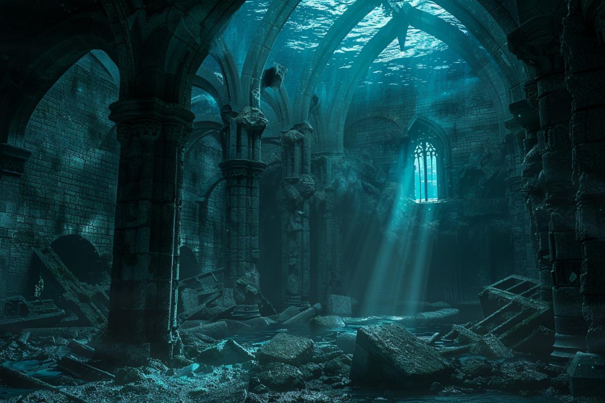 Sunken medieval castle, underwater world, Gothic, atmospheric, photorealism, dramatic, mystical light