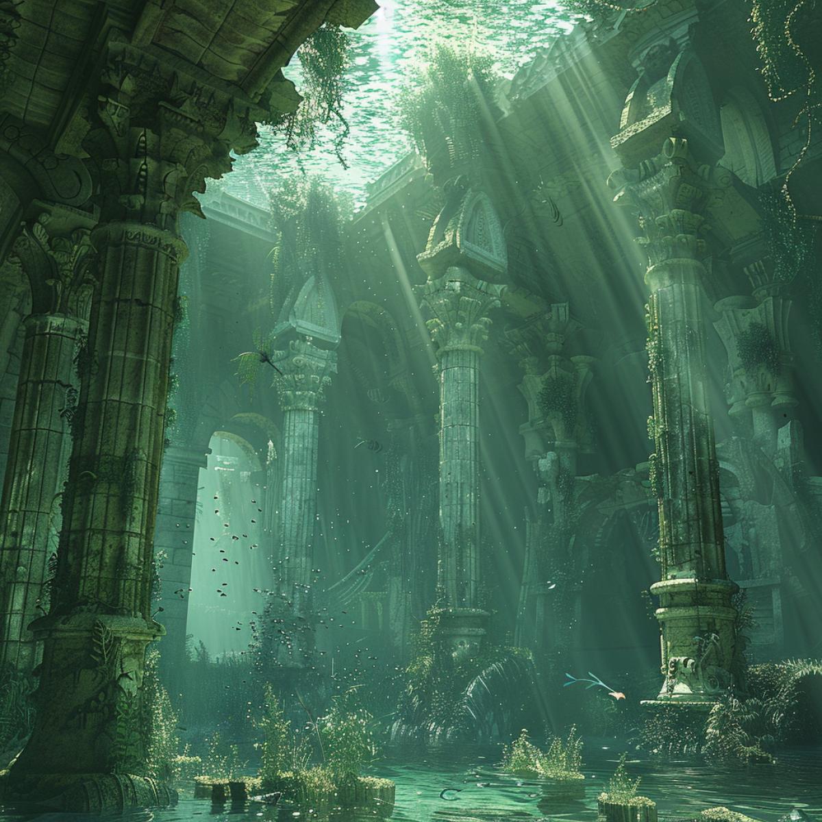This photograph shows the ruins of an underwater city inhabited by elves, imbued with magic and mystery. Majestic columns and decorated arches, Transparent silhouettes of elven figures floating among the ruins add fantasy and mystery to this scene. Bright light rays penetrating through thick algae add color to the underwater world. Maximum detail
