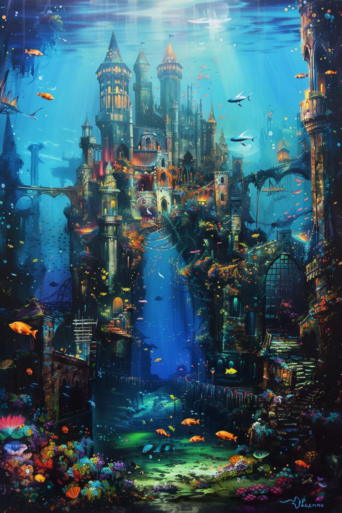 Sunken underwater city in the style of Leonid Afremov