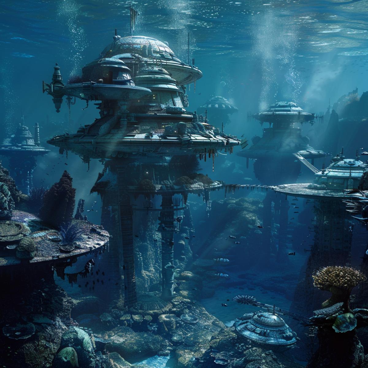 Sunken underwater city in the style of films by George Lucas