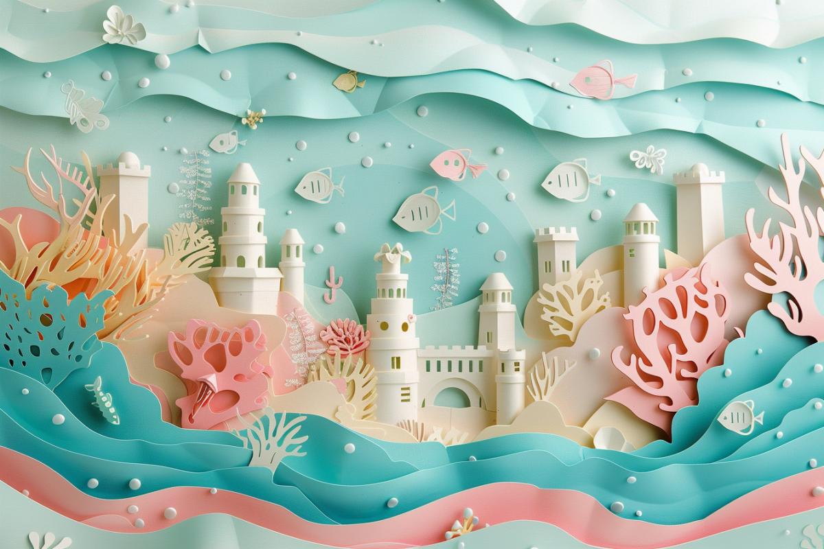 a paper ocean background with pretty underwater sunken city, in the style of light gray and pink, cute and colorful, light green and light beige, magnified ornamentation, light cyan and light brown