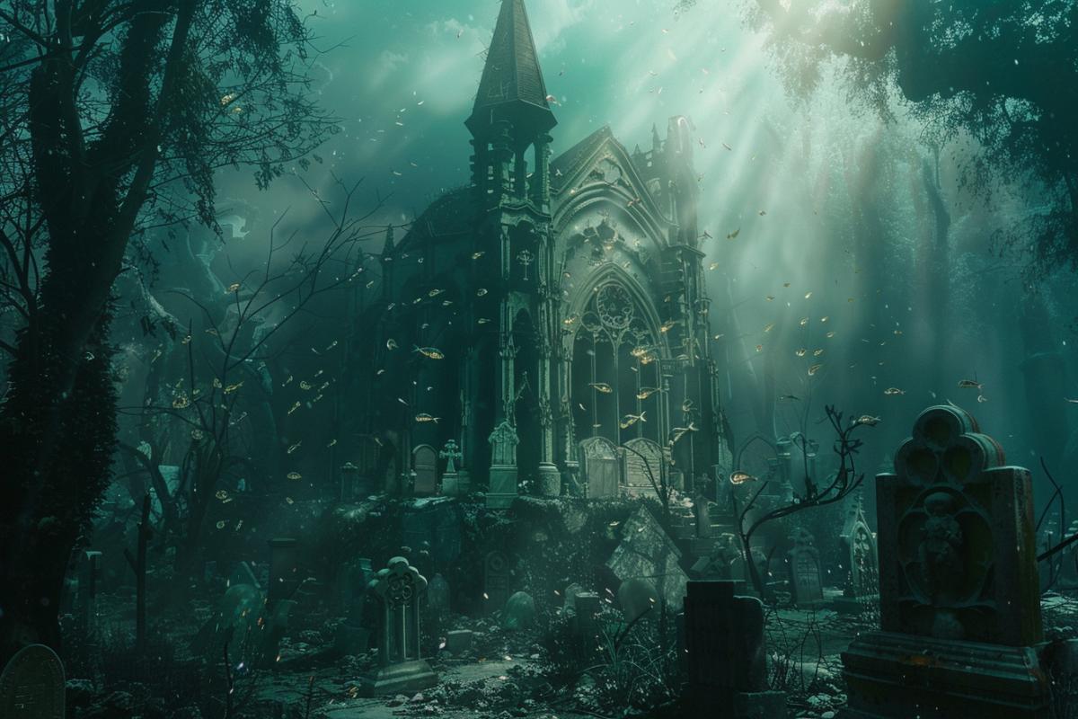 Sunken cemetery with a church, underwater world, Gothic, atmospheric, photorealism, dramatic, mystical light
