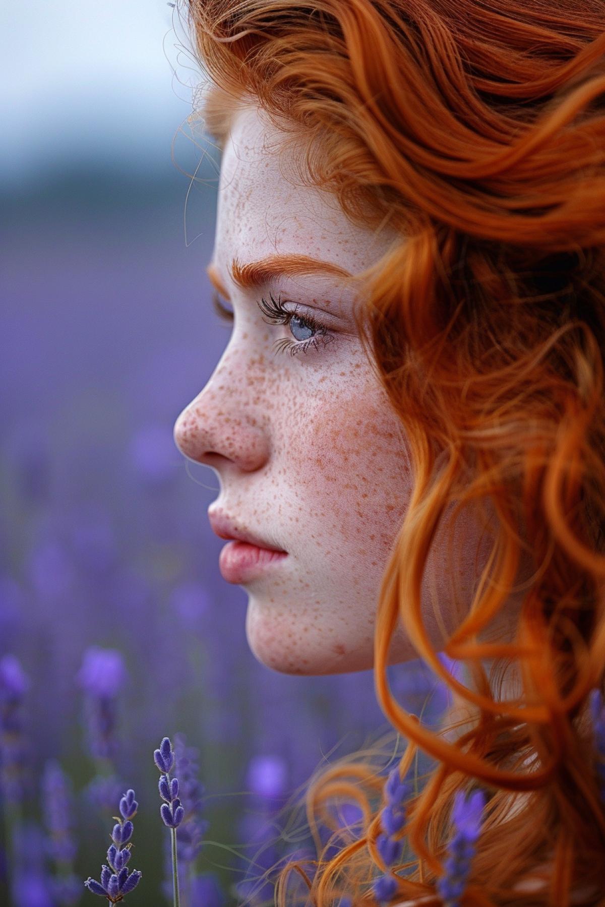 Beautiful red-haired blue-eyed girl in a lavender field, face in profile