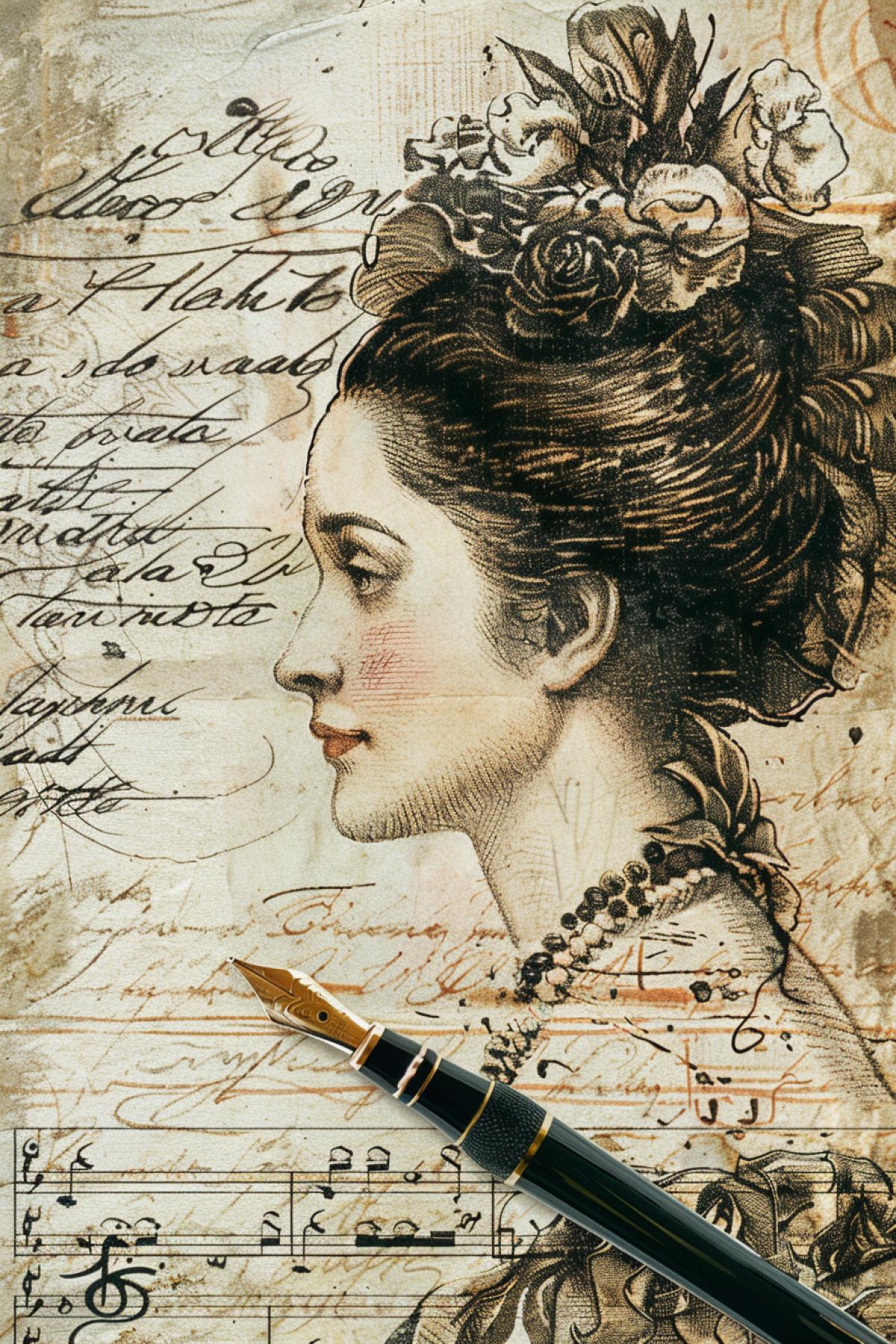 An ancient portrait of an aristocrat woman in ink in profile, graphics, beautiful calligraphic text on the background, a pen lies next to it