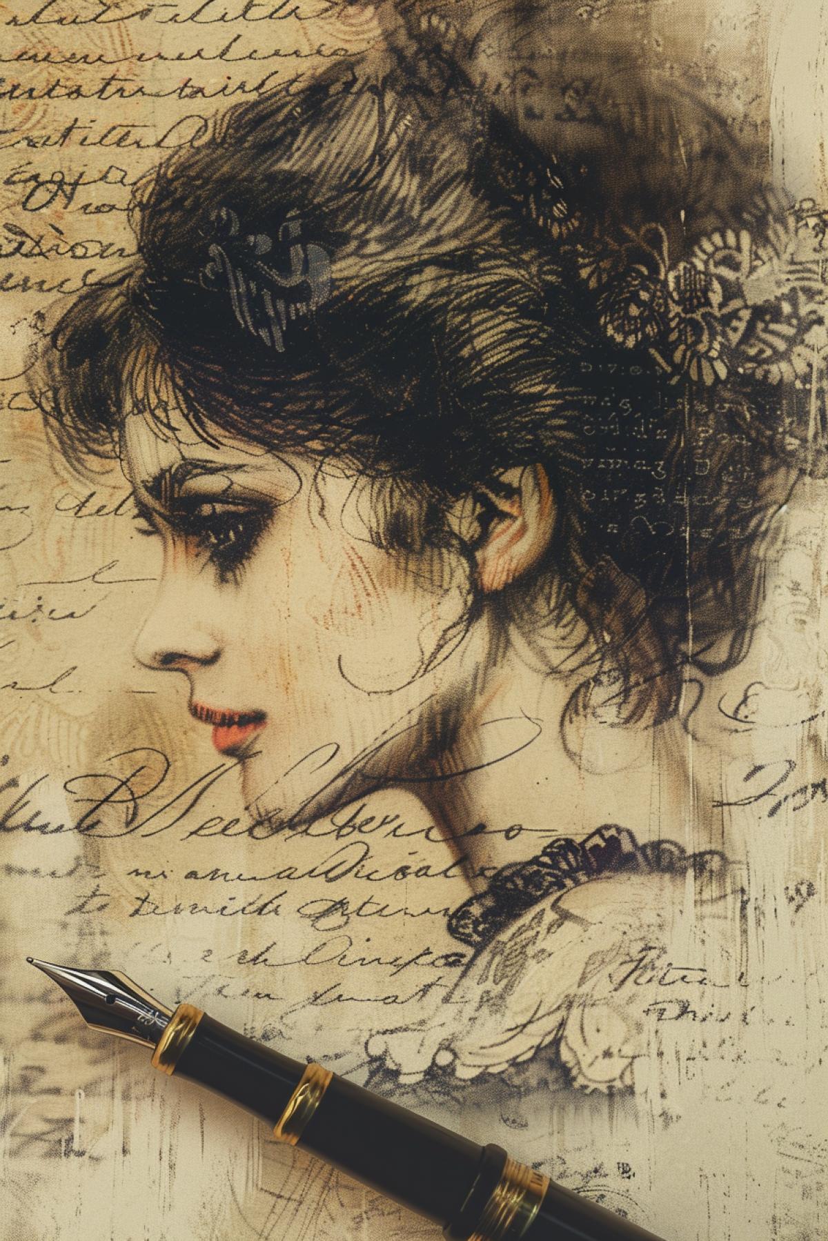 An ancient portrait of an aristocrat woman in ink in profile, graphics, beautiful calligraphic text on the background, a pen lies next to it
