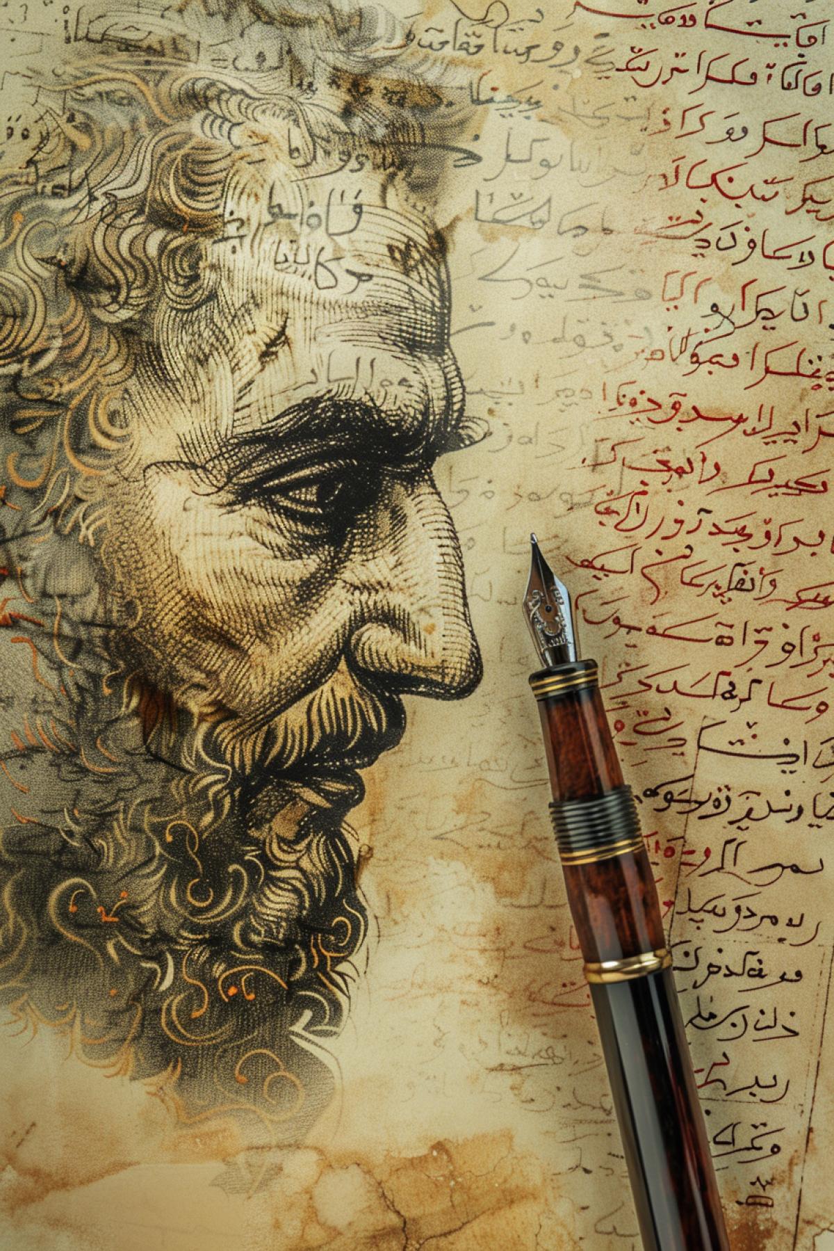 An ancient portrait of an aristocrat in ink in profile, graphics, beautiful calligraphic text on the background, a pen lies next to it