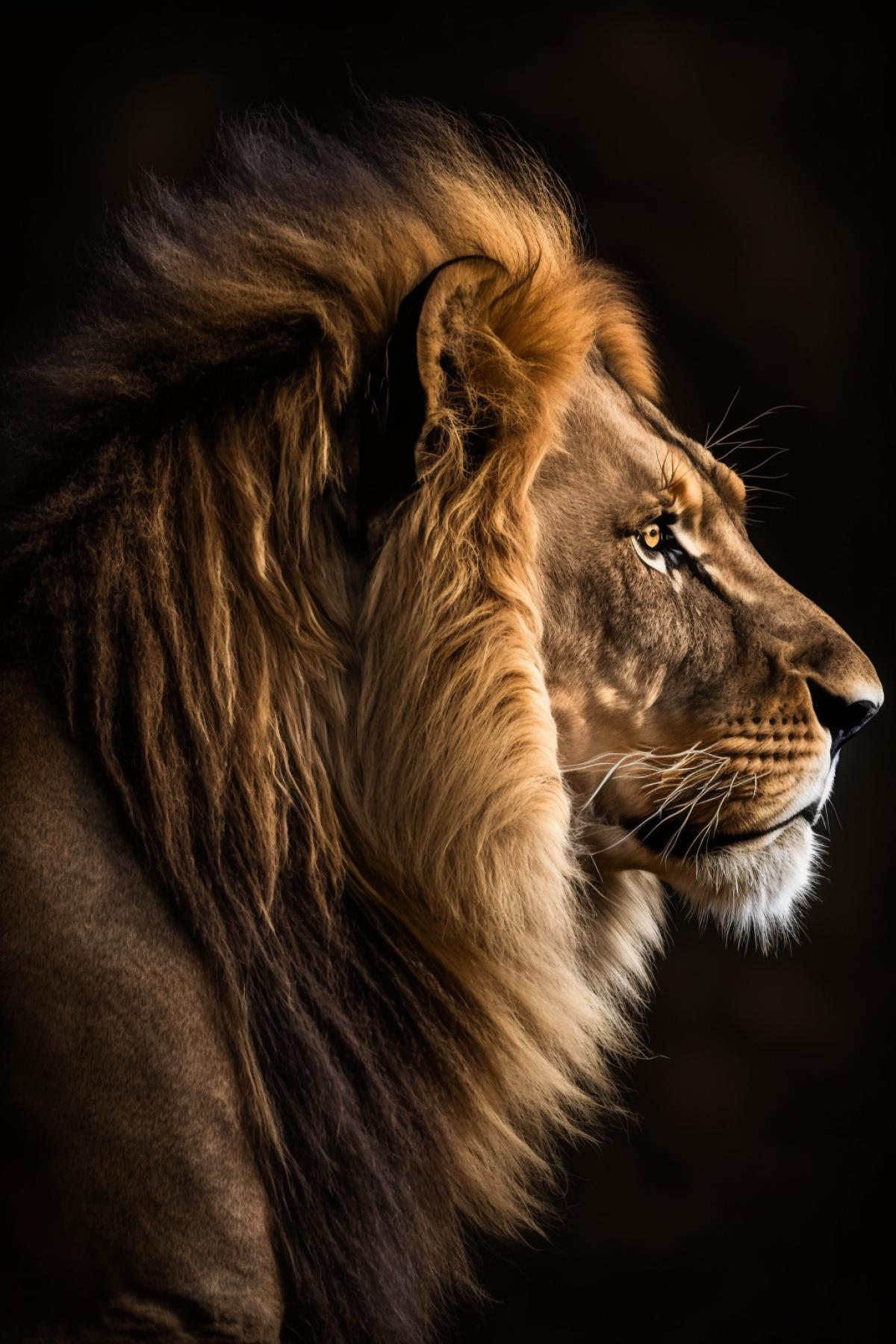 portrait in profile, photo of lion as human looking king