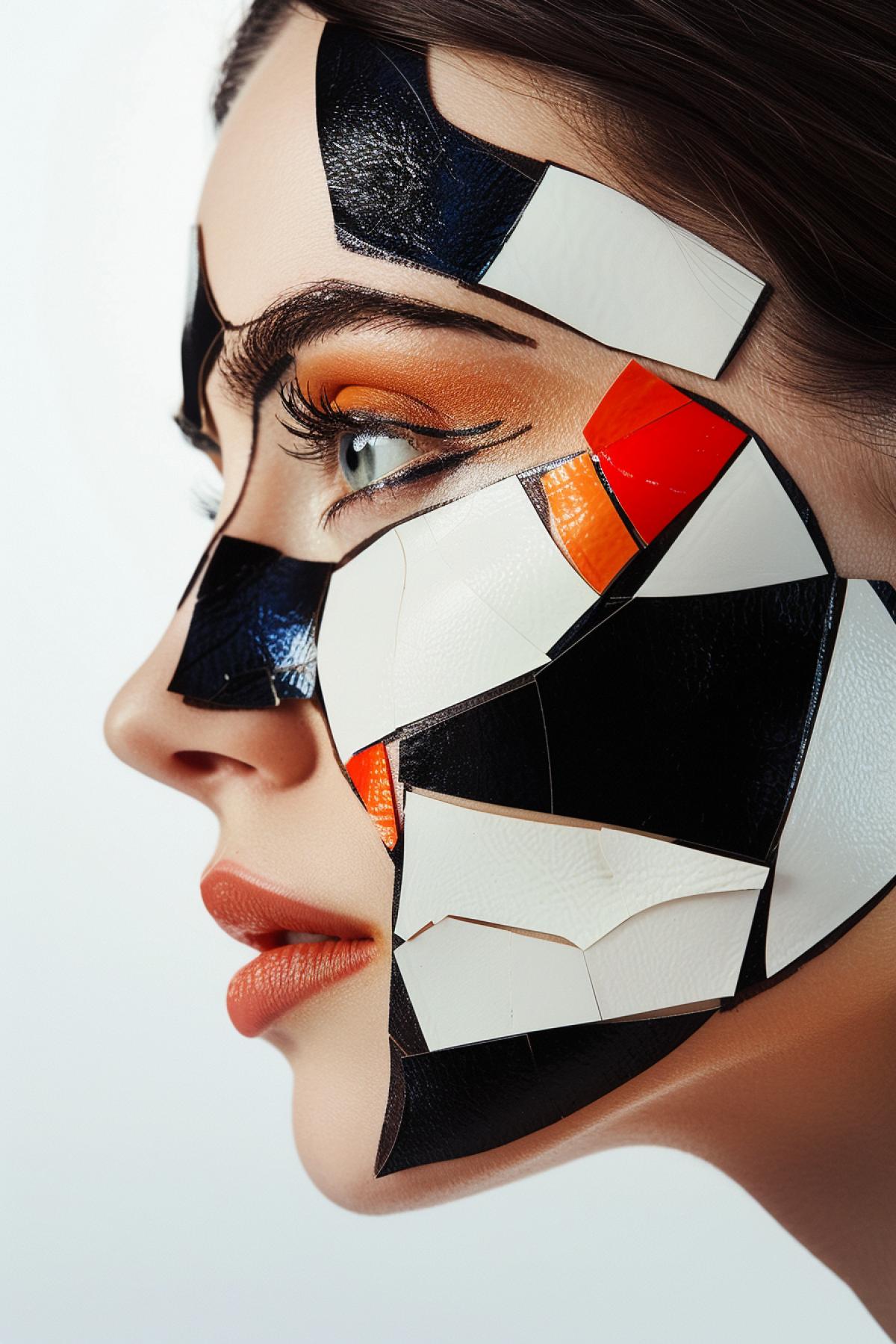 profile woman with skin diagram on her face, in the style of bold lines and contrasts, split toning, underexposure, cut and paste, clear and crisp, puzzle-like pieces, photo-realistic hyperbole