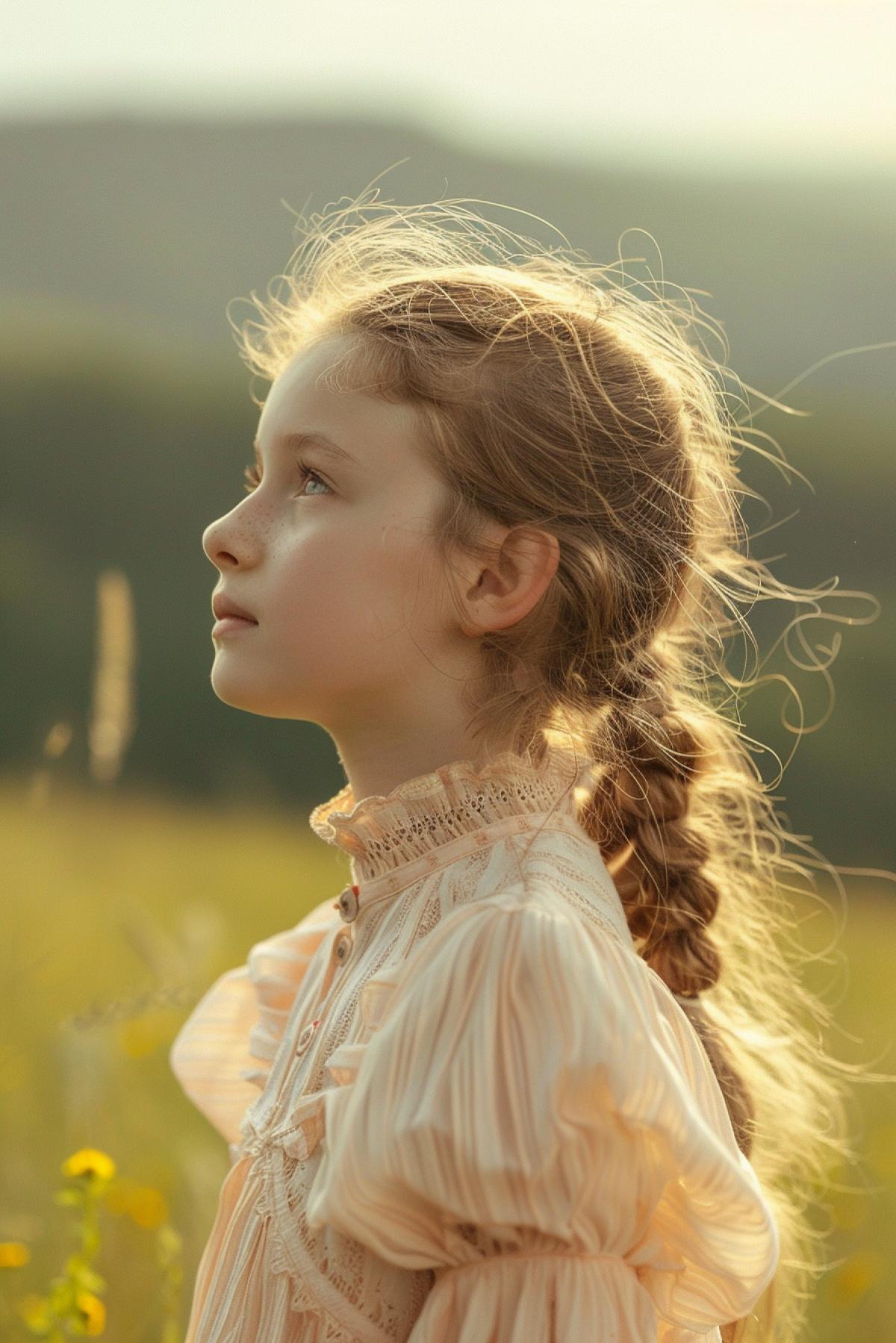 profile young girl standing on top of the valley looking to the left, in the style of candid portraiture, light yellow, stockphoto, associated press photo, folkloric portraits, close up, happenings