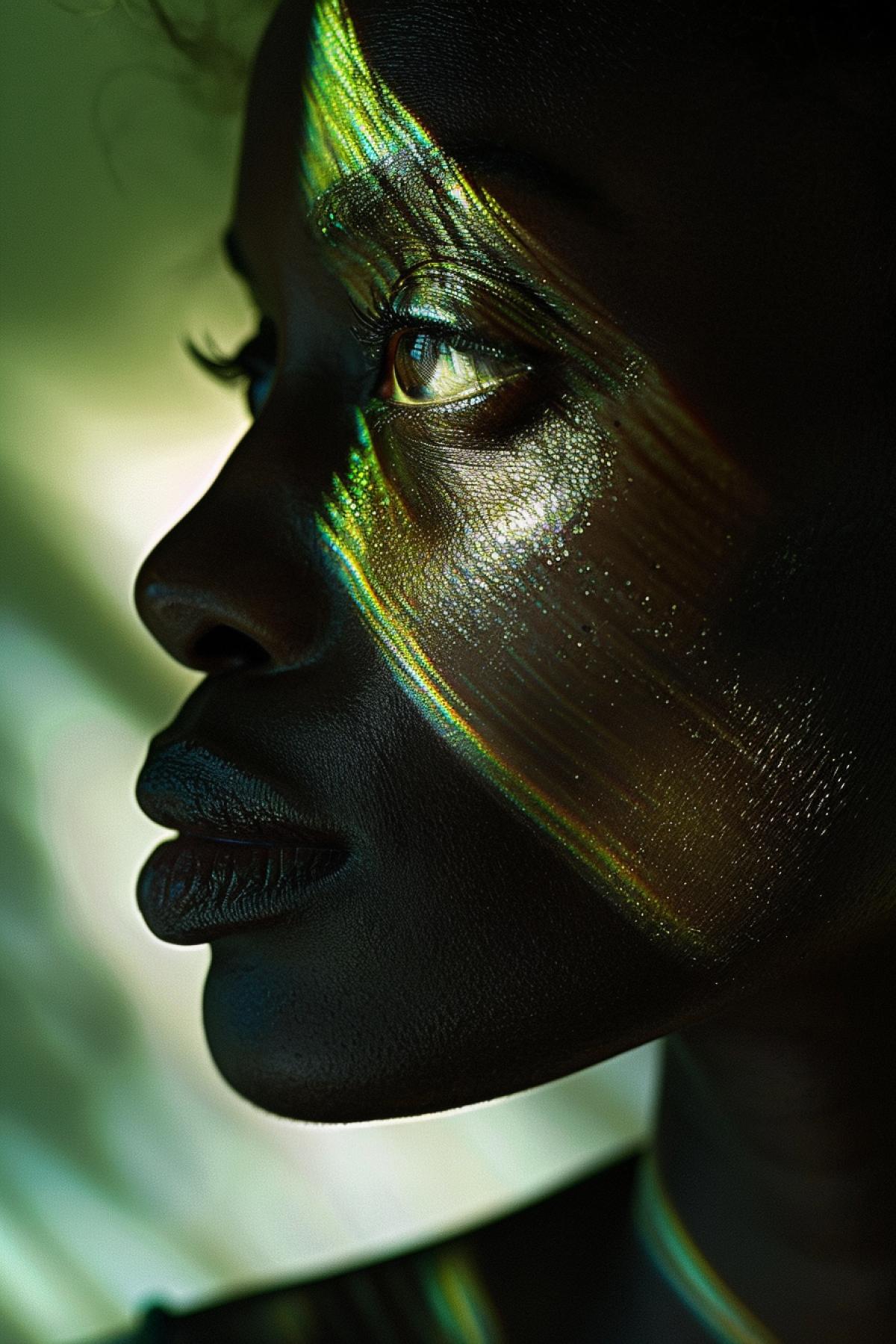 profile portrait of a woman with dark eyes, in the style of anamorphic lens flare, ingrid baars, titus kaphar, intense close-ups, oscar niemeyer, softly luminous, reflections