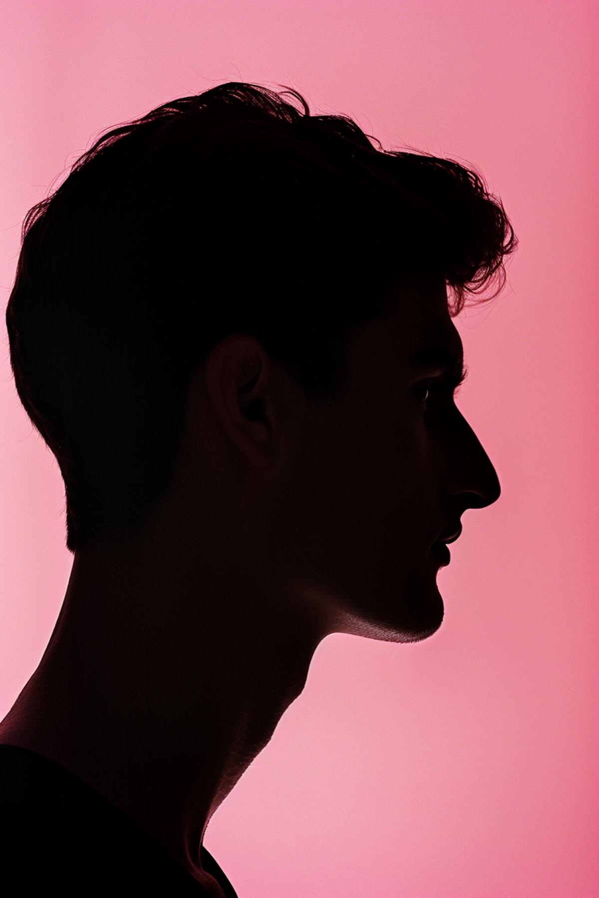 Man profile on a pink background, in the style of cinquecento, captured essence of the moment, layered expressiveness, intricate cut-outs backgrounds, film photography, studio photography