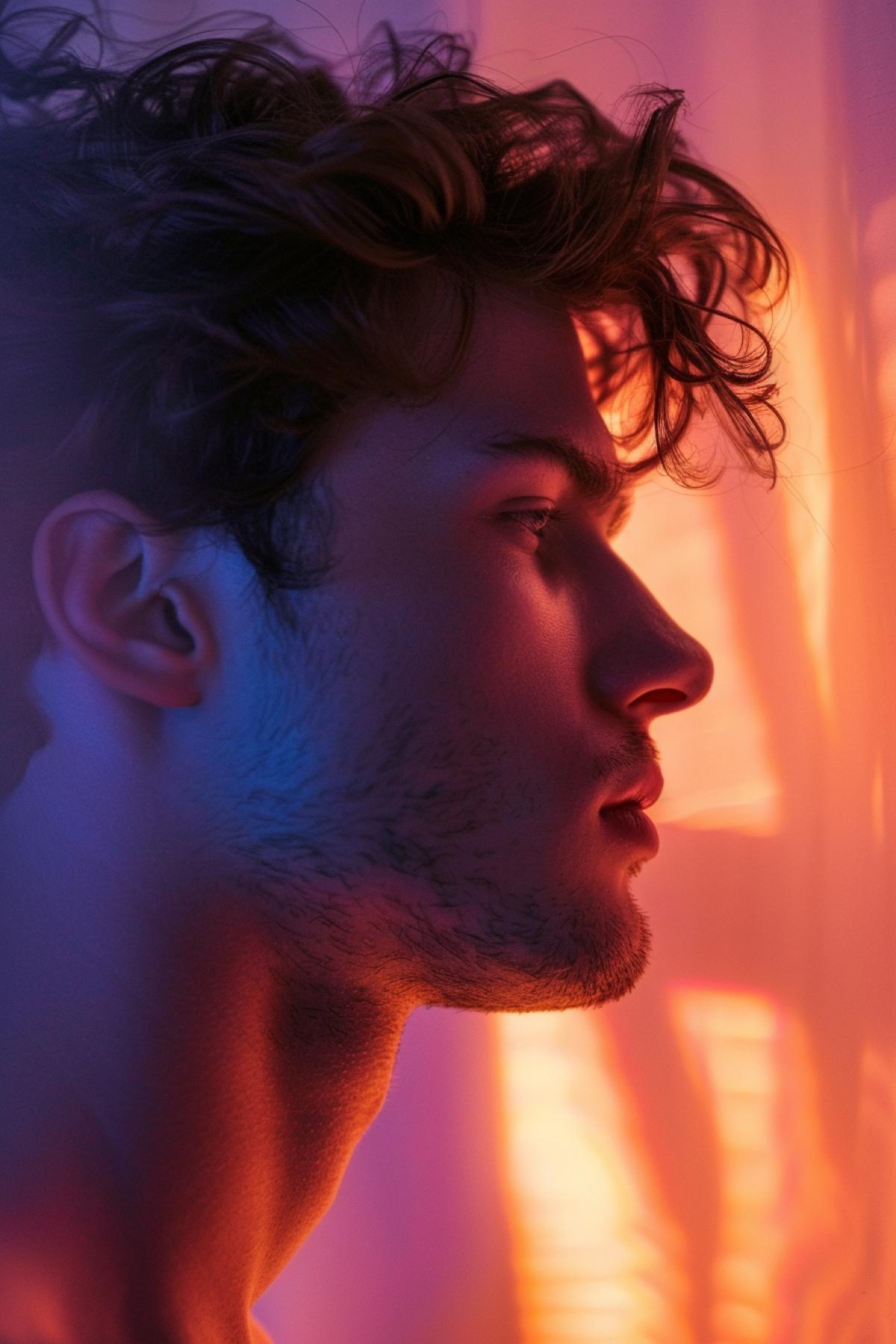 Man profile with a spotlight, in the style light indigo and purple, minimalist beauty, light orange and bronze, prisma, wide lens, soft light