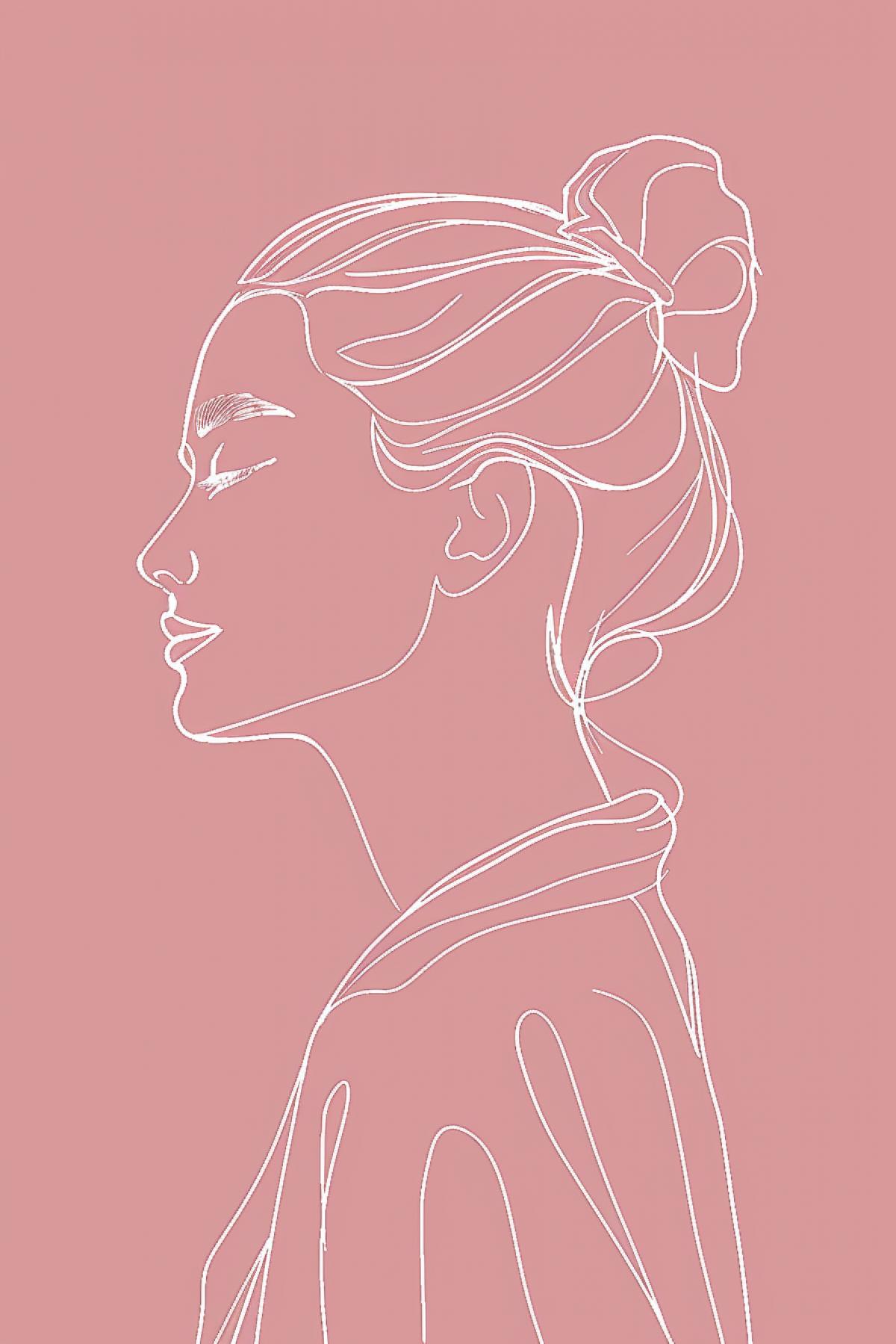 line drawing of a woman profile, in the style of minimal, one-line drawing, pink, hand-drawn animation, decadent beauty, natural beauty, shaped canvas, elegant clothing --no hands