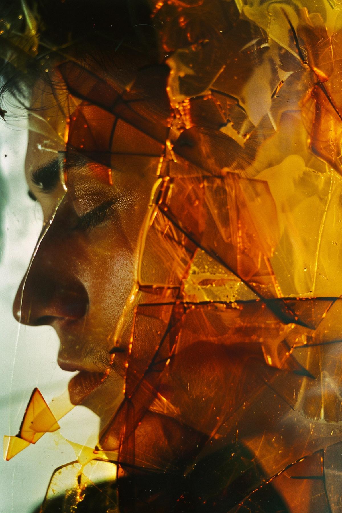 Man profile in the style of fluid abstraction, dark amber and amber, pinhole cameras, close up, fragmented figuration, emotional portrait, collage