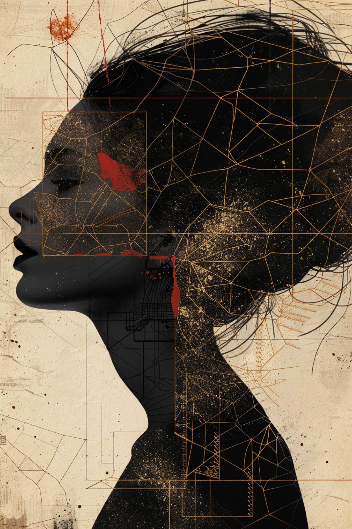 an illustration of a Woman profile , in the style of threadluxury abstractions, bronze and dark, vintage cut-and-paste, grid-based, ricoh gr iii, cracked, editorial illustrations