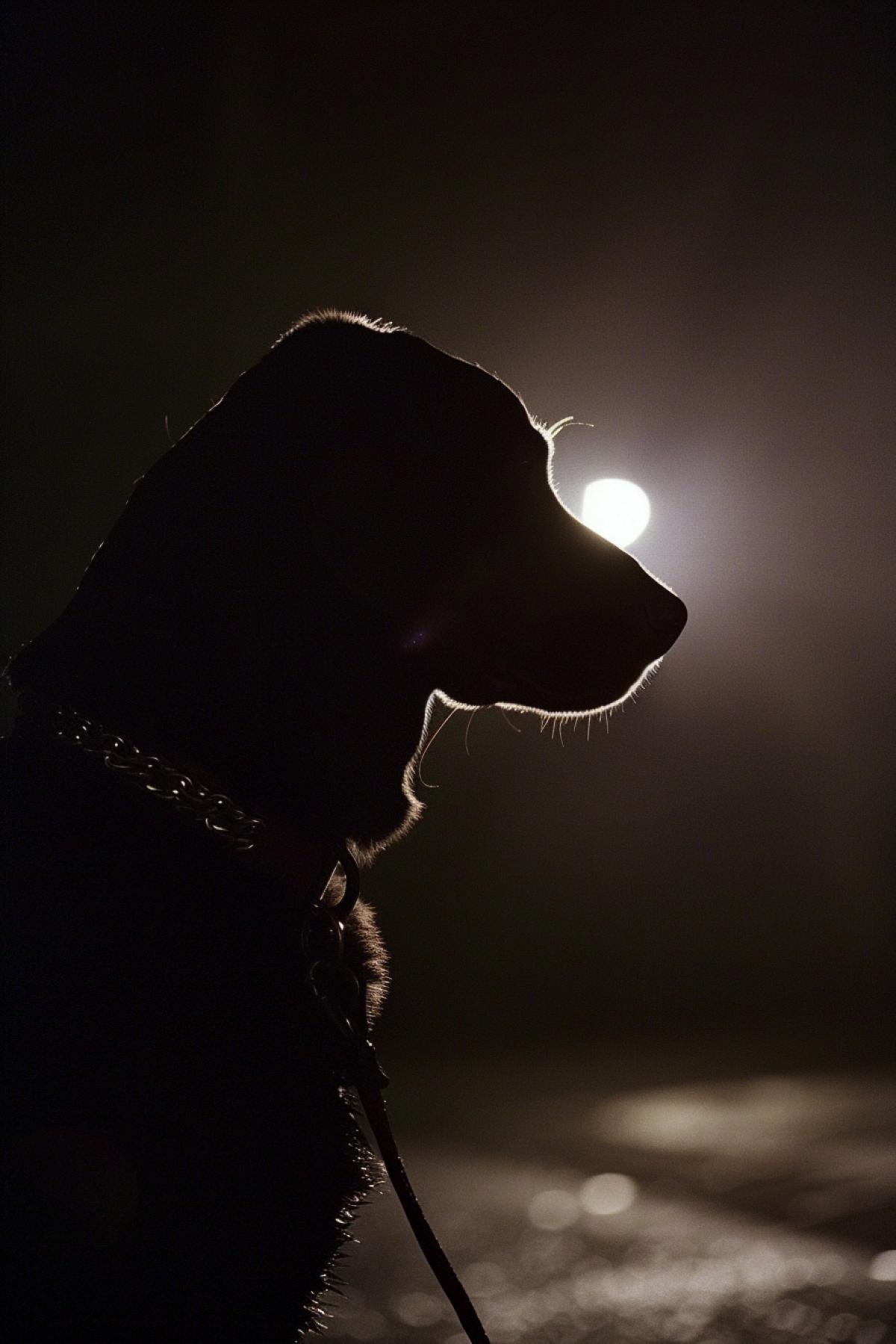 a dark dog profile walking on a leash sitting in front of a dark background, in the style of fine art portraiture, war photography, kodak vision3 250d 5207, detailed facial features, close-up, security camera art, golden light