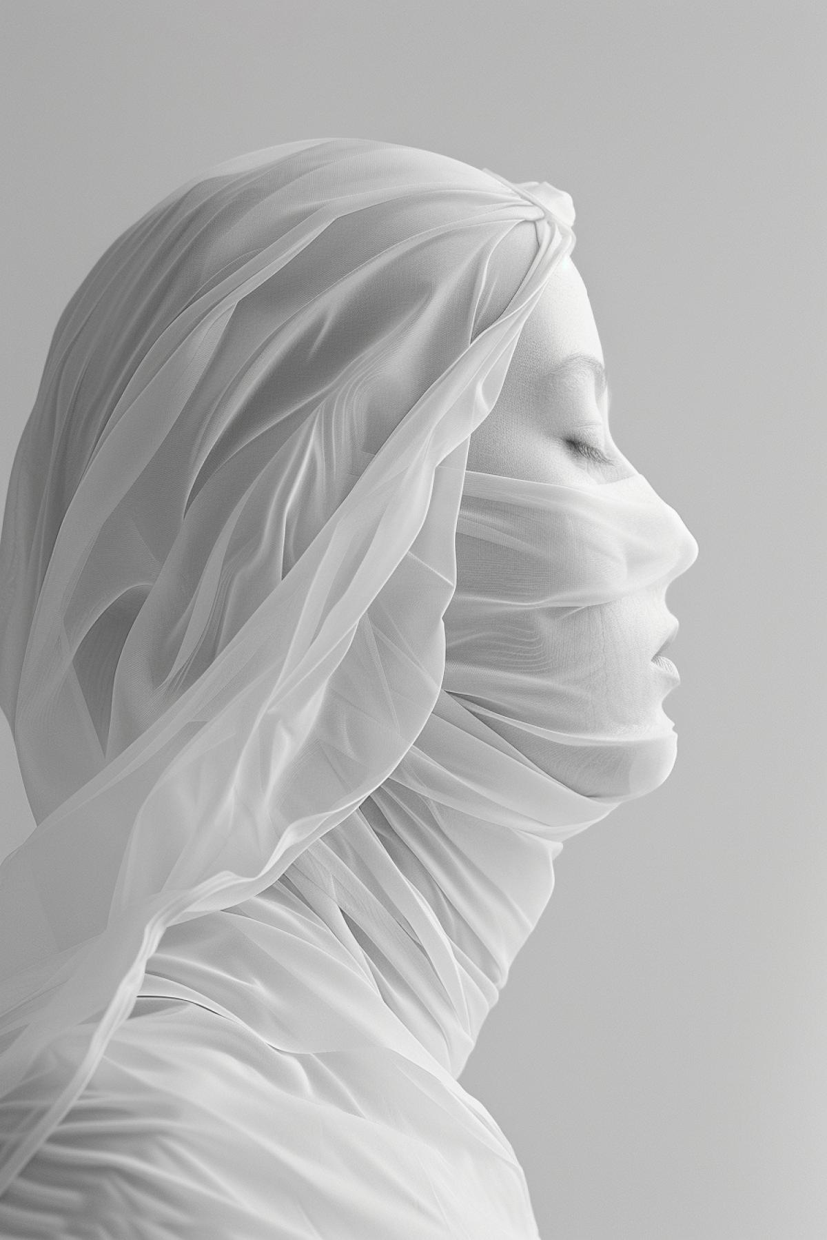a woman profile in white in a white mask, in the style of edgy surrealism, wrapped, liquid light emulsion, flowing fabrics, minimal retouching, made of plastic