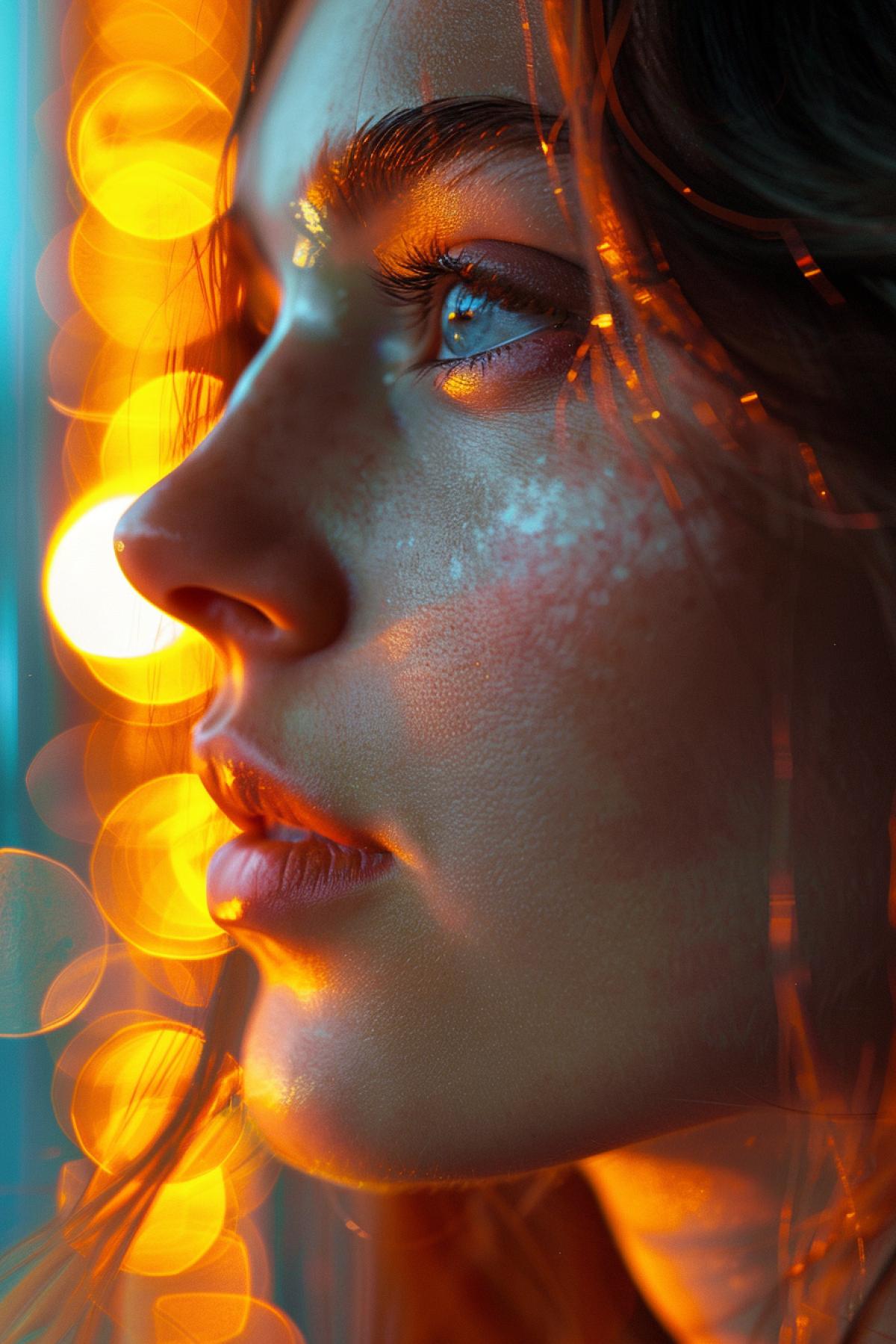 Woman profile in the photograph, in the style of fashion photography, dark white and light amber, close-up, shiny eyes, esports, digital hologram