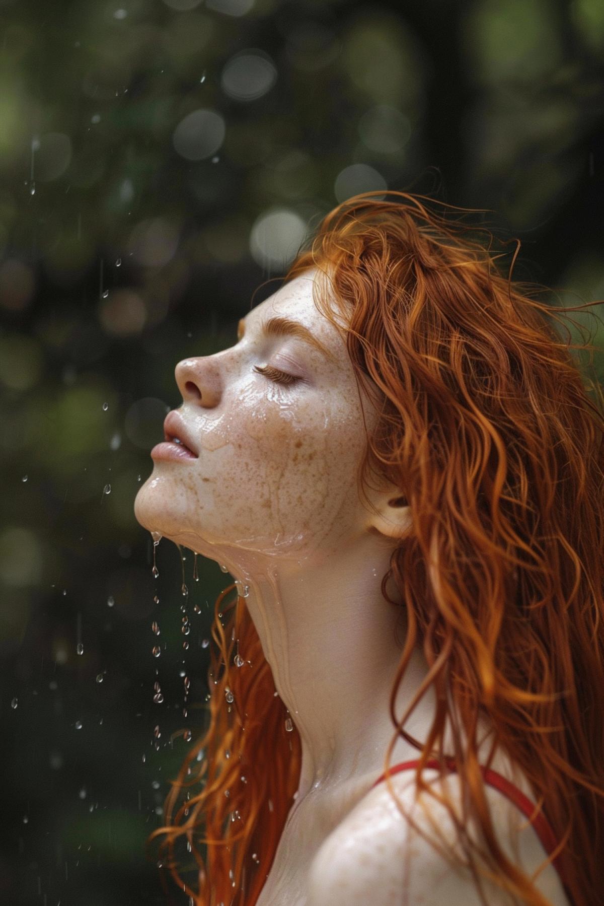 Red-haired girl portrait in profile, in the forest, drops flowing down her face