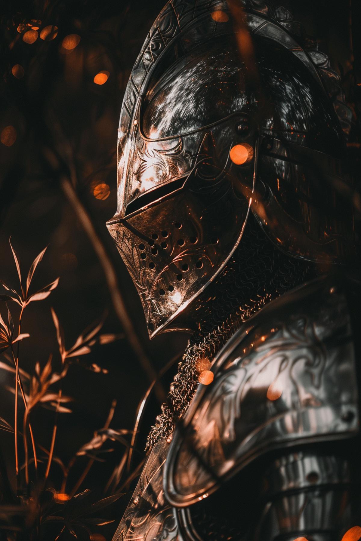 Portrait in profile, a sad knight in silver armor. The visor is raised. Close-up. High detail. Bokeh. Professional photography.