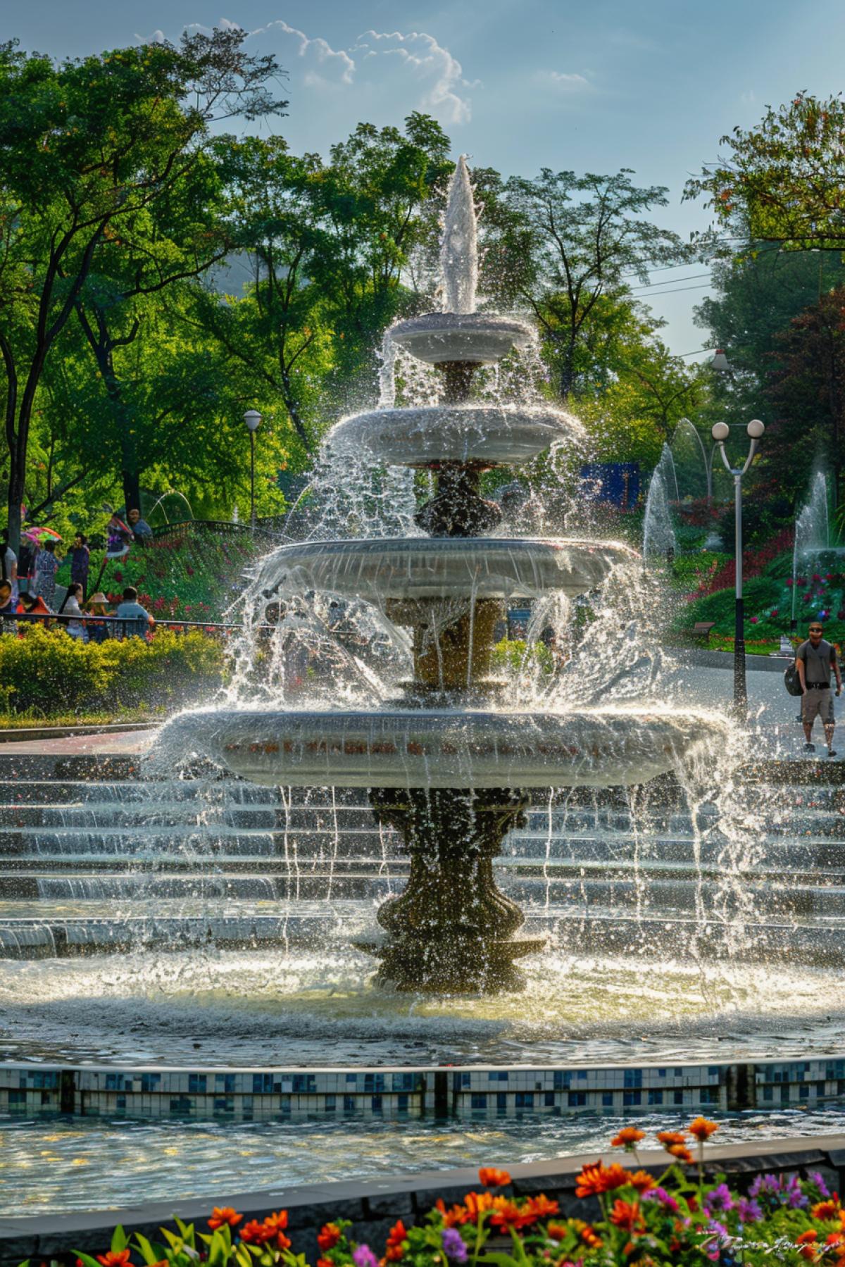 A mesmerizing water fountain is seen in the center of a vibrant green park. The fountains intricate architecture comprises a cascading stream of water that flows from the topmost tier and subsequently spills into ponds below. The cool mist produced from the droplets glistens under the sun, exuding an exotic display of colors that shimmer through the air. Pedestrians stroll around the area, enjoying