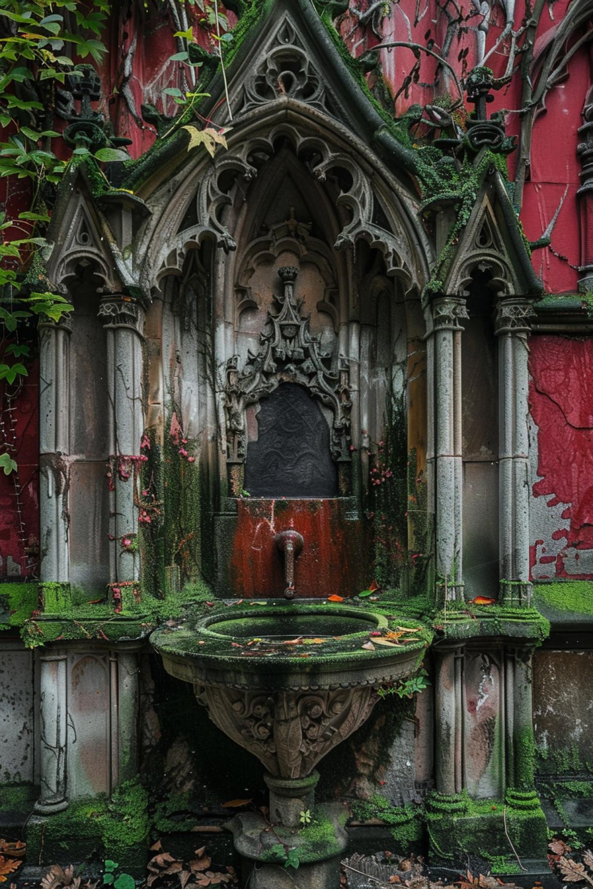 Abandoned red liquid gothic fountain overgrown with moss and ivy, photorealism
