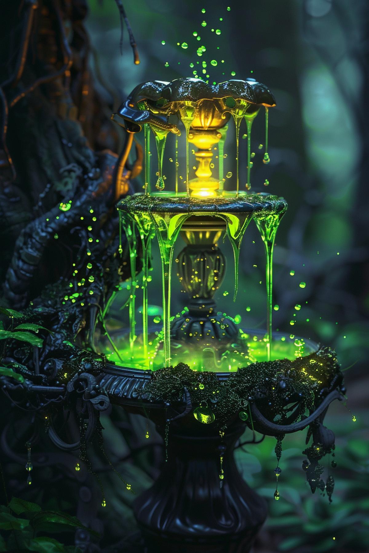 Fantastic fluorescent magical steampunk Fountain, photorealism, art object