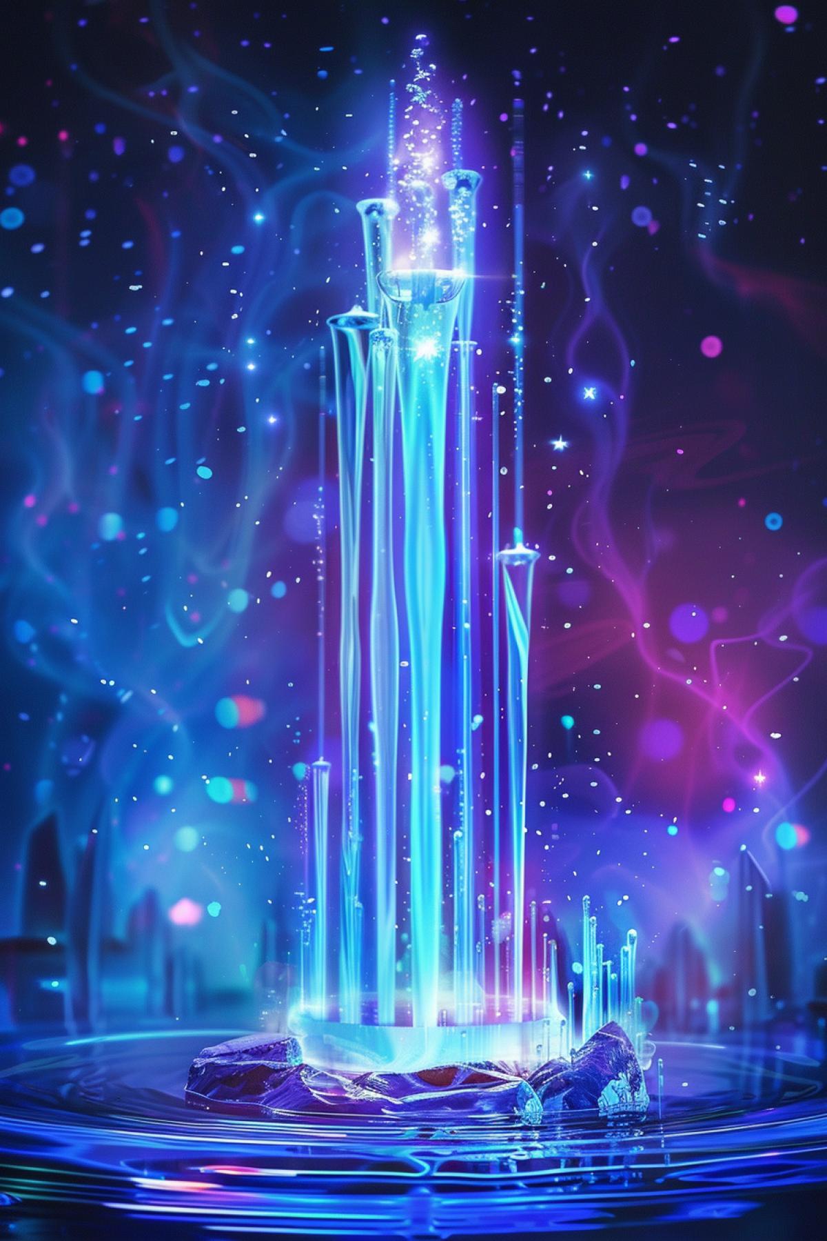 Fantastic fluorescent magic Fountain, photorealism, art object