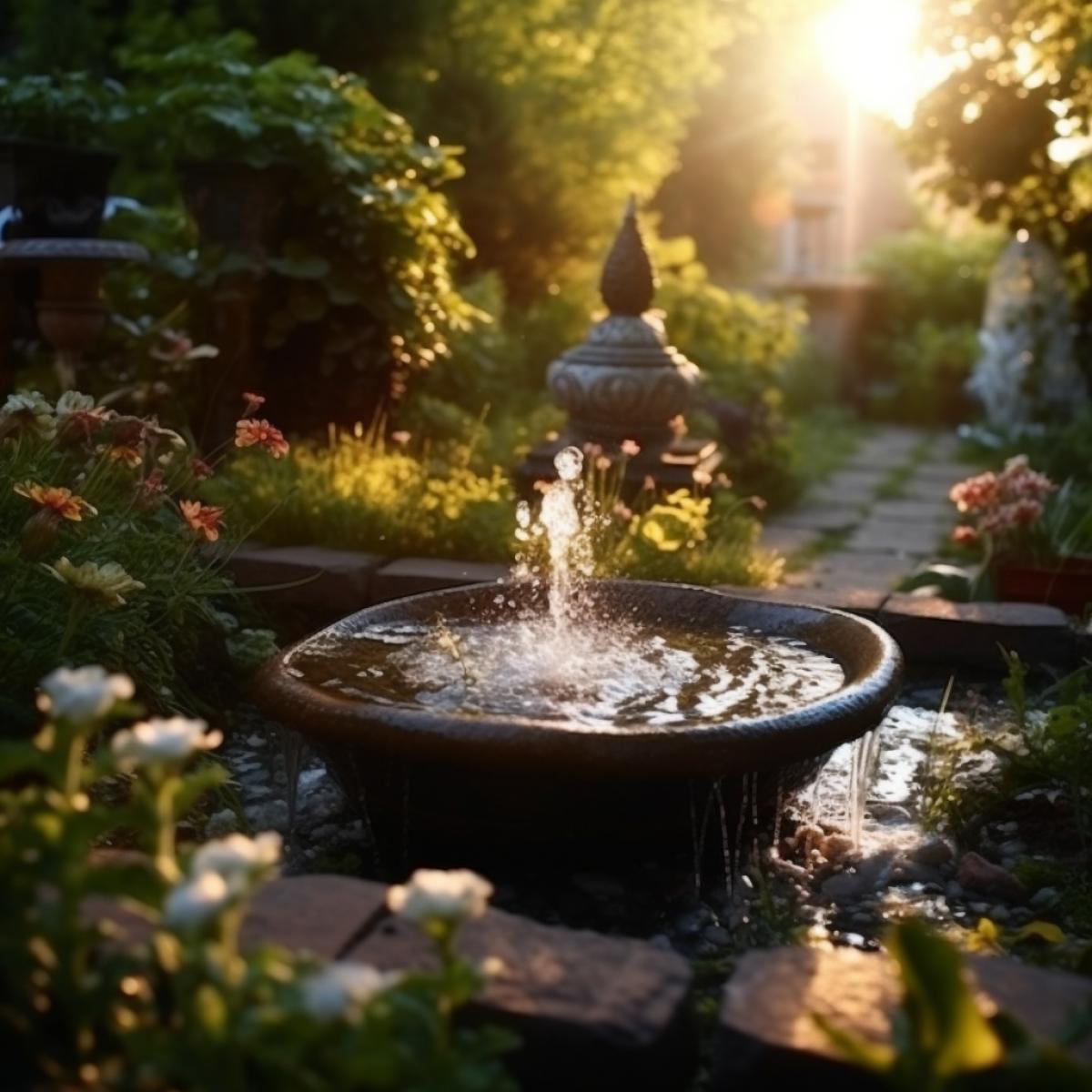 Cozy little garden. Summer evening. Fountain of clean drinking water. Jets of water fall into the bowl. Atmosphere of peace and solitude