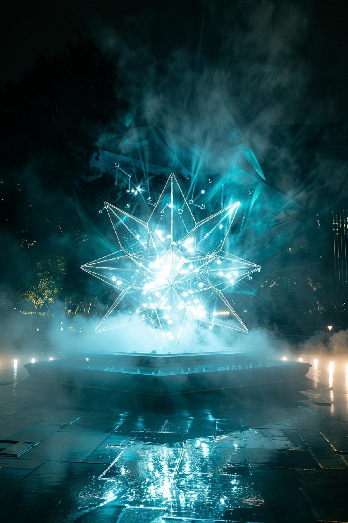 Star-shaped fountain, glow, shimmer, water, time distortion, light fog