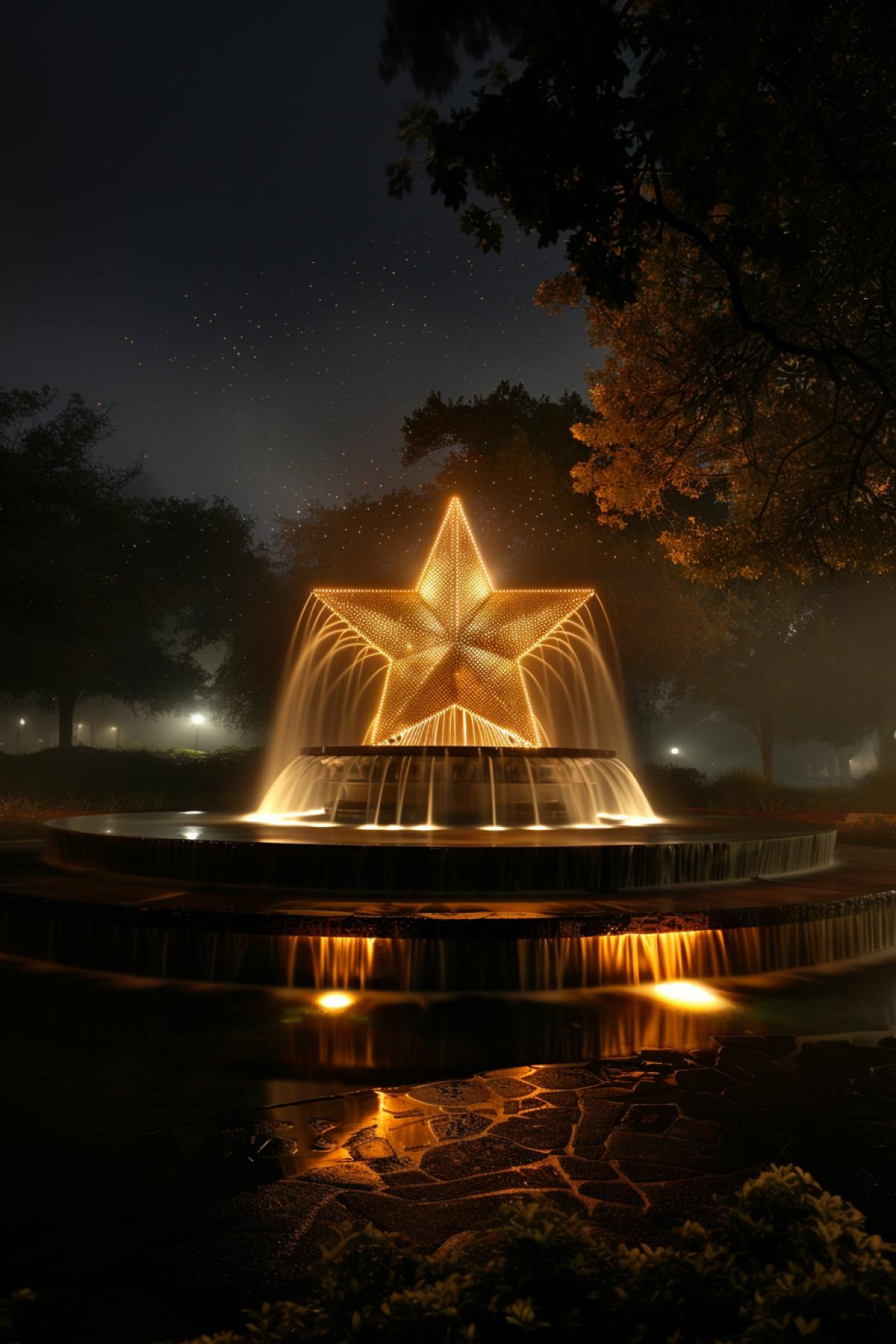 Star-shaped fountain, glow, shimmer, water, time distortion, light fog