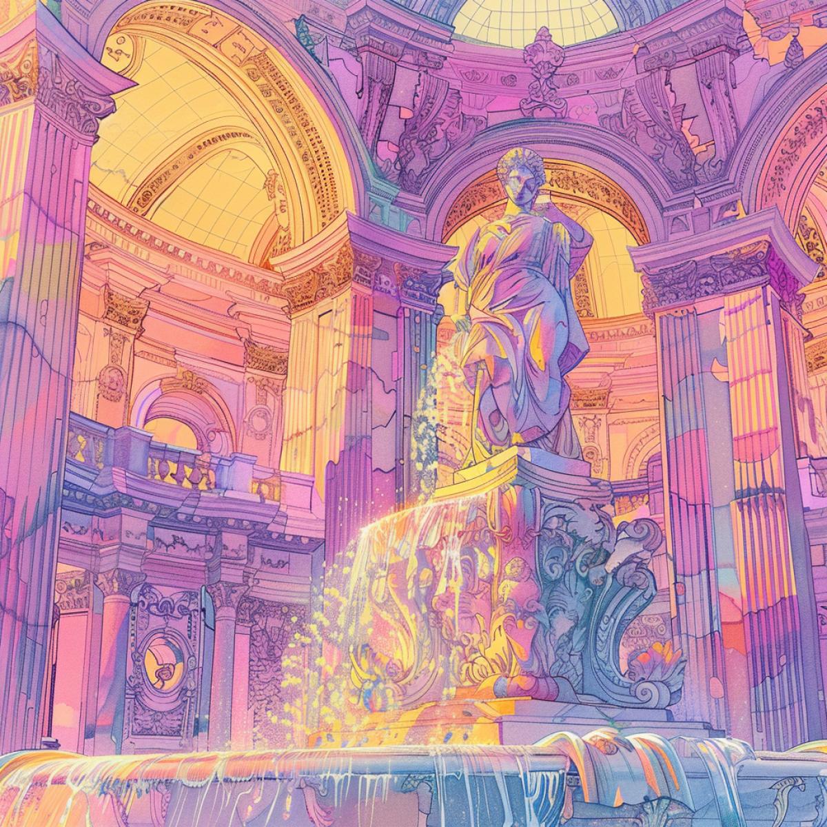 illustration with markers, a grandiose fountain in the form of a woman, bright highlights, Baroque style